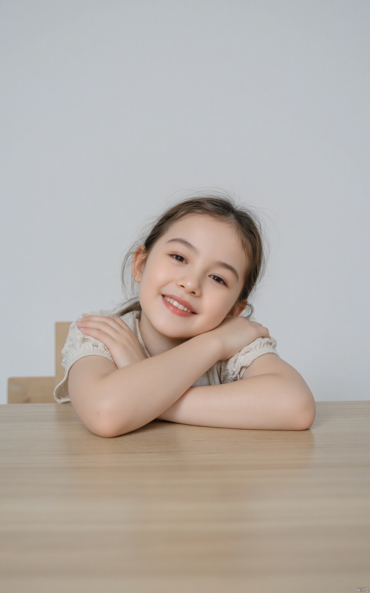 hubgchild,a little girl sitting at a table smiling for the camera with her arms crossed and her head tilted back,pure background,a photorealistic painting,