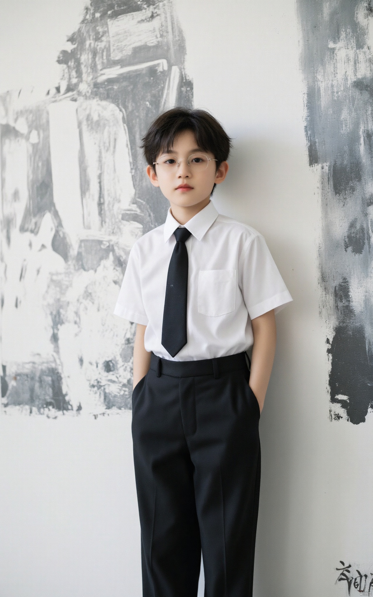 hubgchild,a little boy wearing a white shirt and black tie and glasses standing in front of a white wall with a black and white background,Bian Jingzhao,long body,a stock photo,american barbizon school,young,