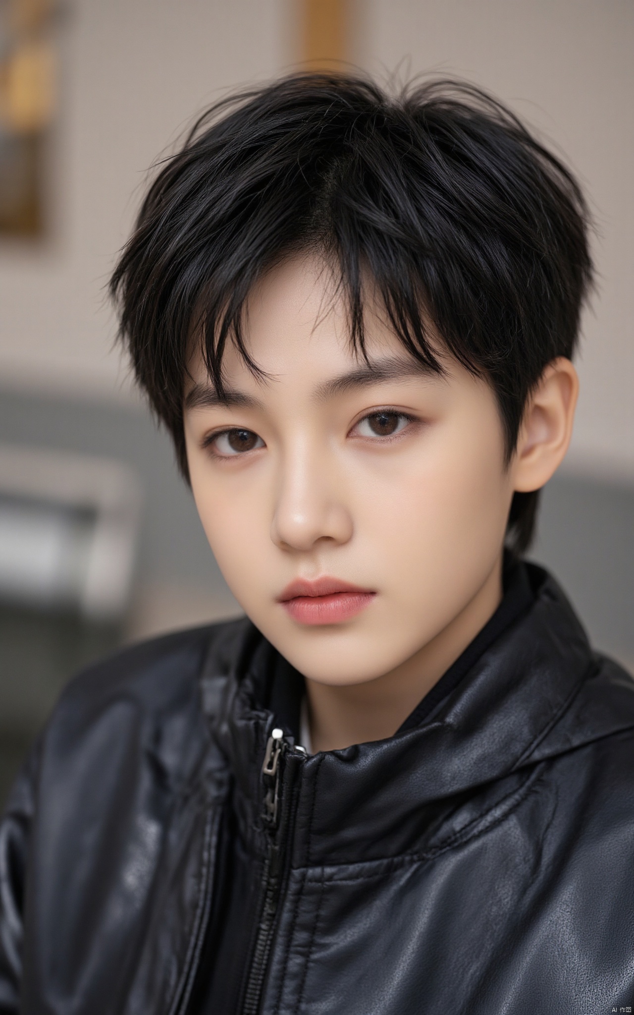 hubgchild,1boy,black hair, brown eyes, jacket, looking at viewer, realistic, short hair, solo