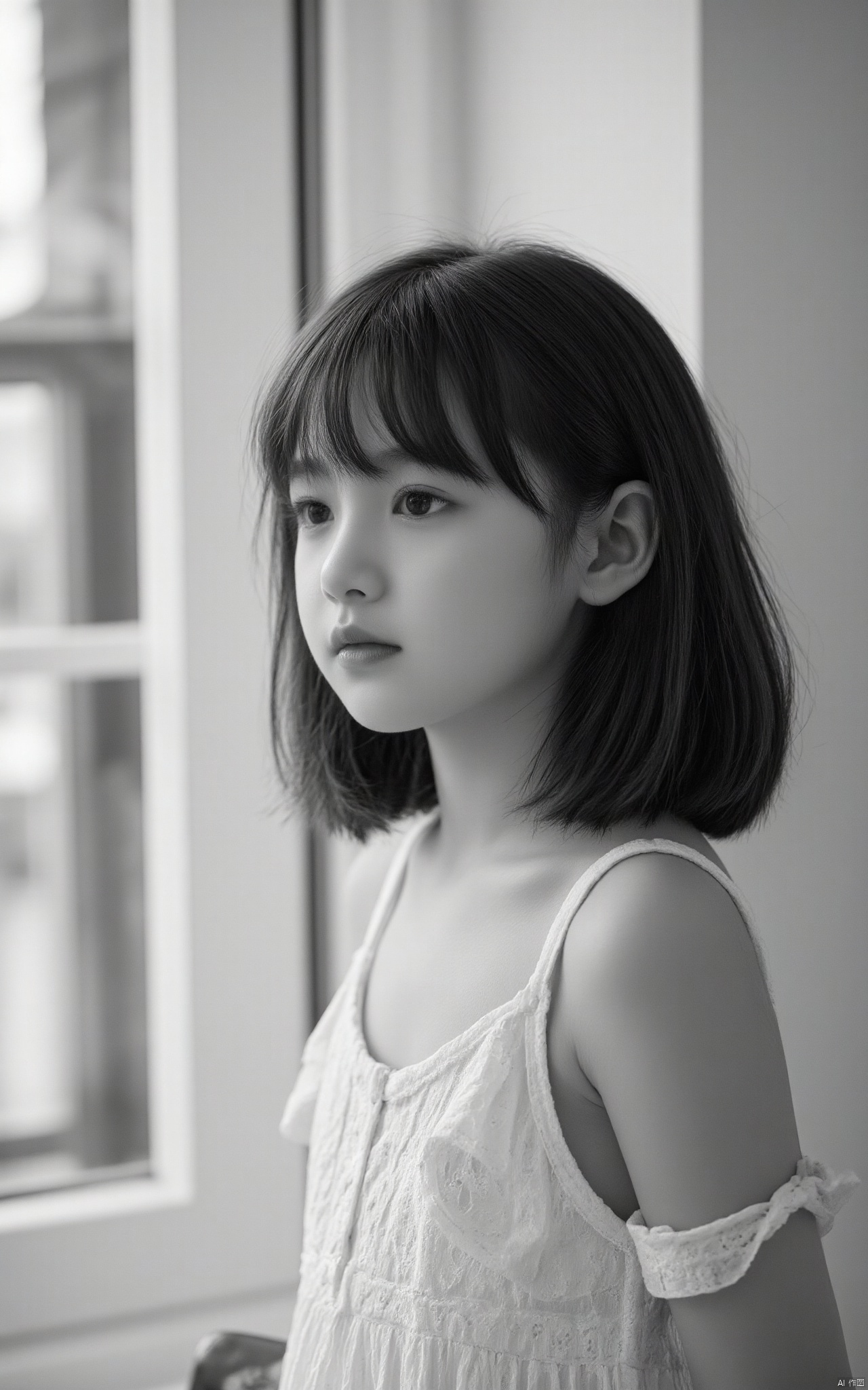 hubgchild,the portrait,a little girl with a medium-length Bob and bangs,wearing a white dress,stands in front of a window. The image is black and white,light shines through the window on the side of her face,the background is simple,the light and shadow are soft. The focus is clean and sharp,with high resolution and attention to detail,resulting in high-quality images,