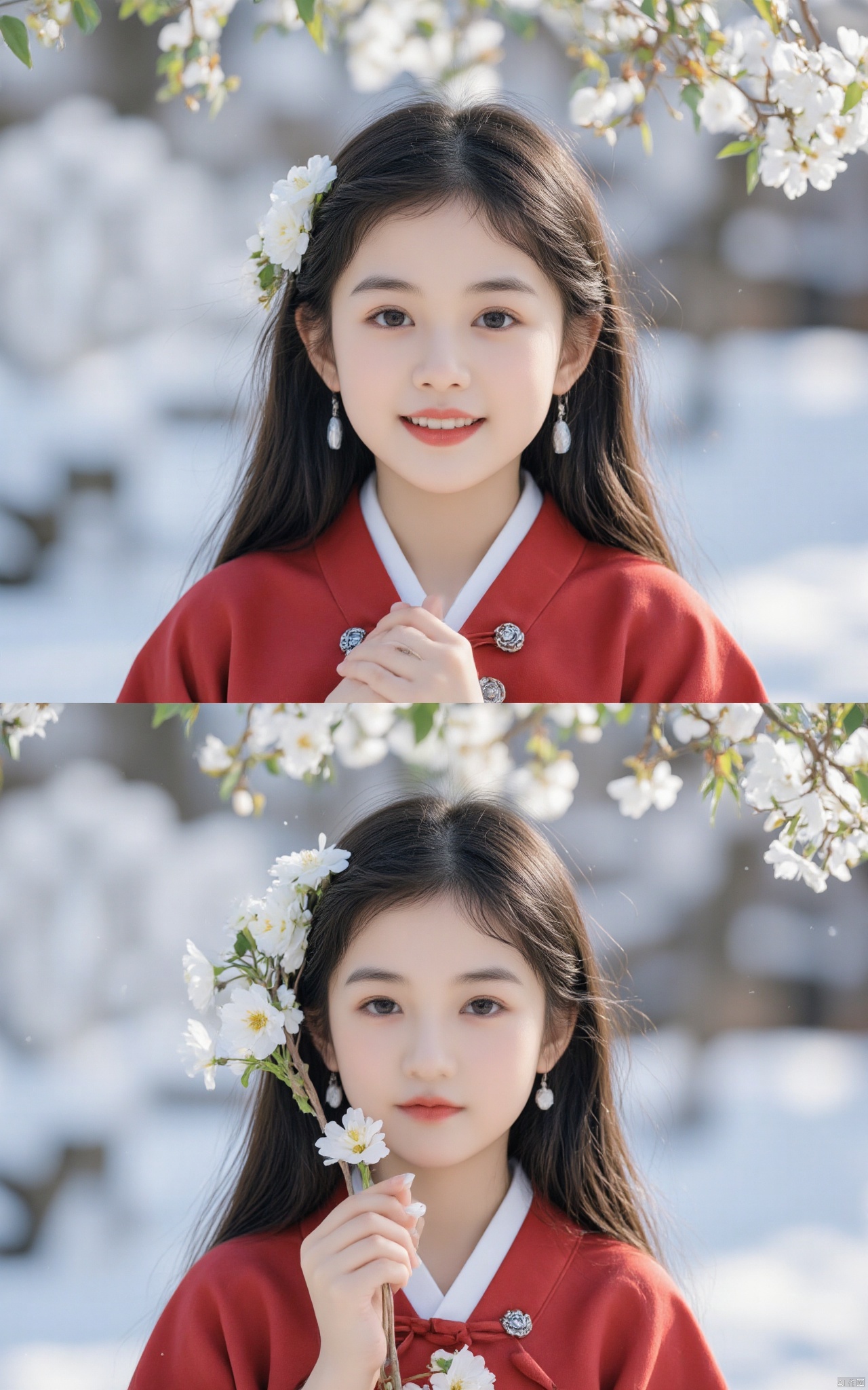 hubgchild,A little girl with long black hair adorned with white flowers on the side of her head, wearing a red and white Hanfu garment in front of a snowy scene, smiling with a happy expression. She has delicate facial features, exquisite makeup, and is wearing white earrings hanging from her shoulders. She is also wearing a red cloak with a small silver decoration around the neck. The full-body photographs are in a realistic photographic style, with a snowy scene background and soft light shining through the leaves.