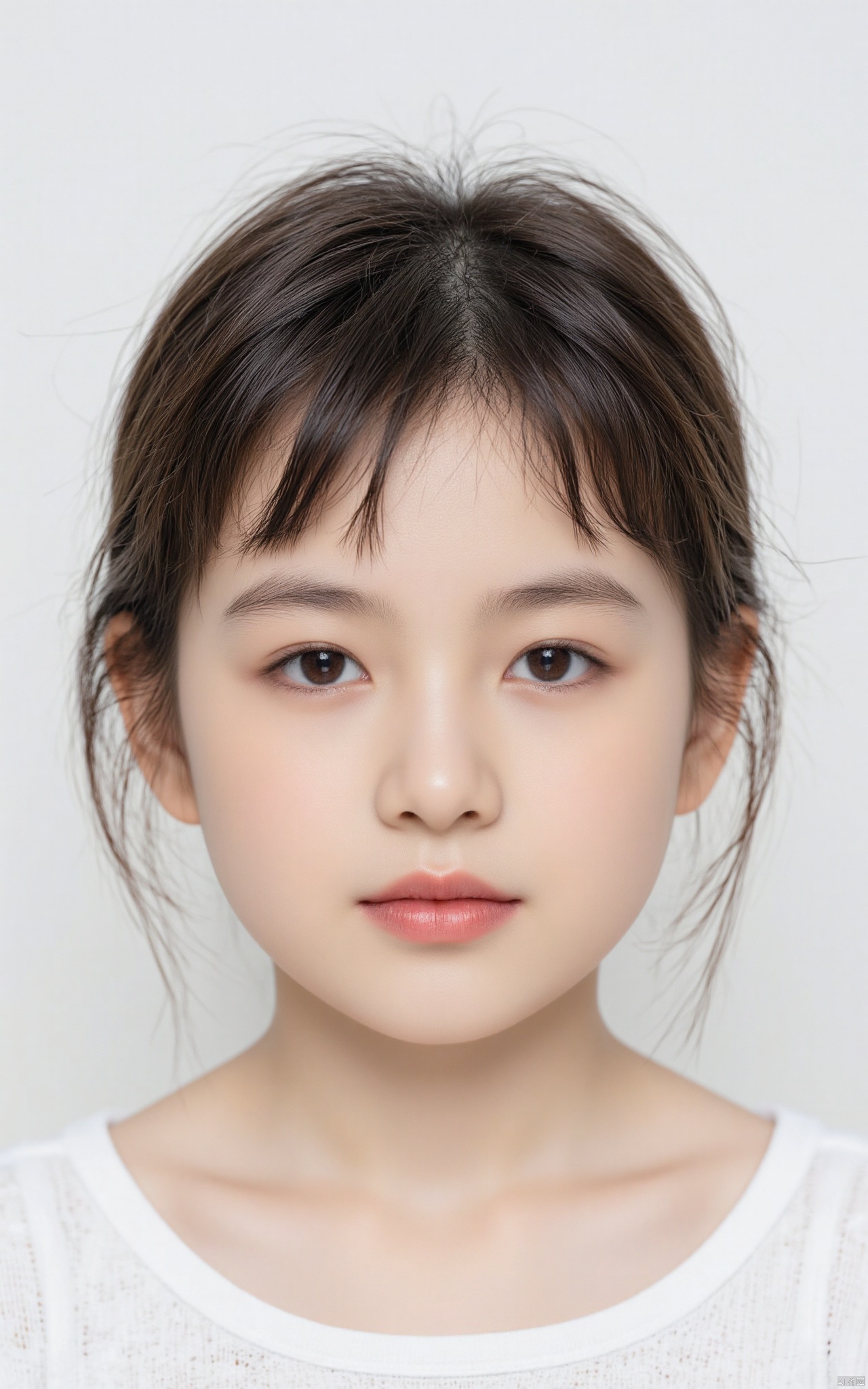 hubgchild,a young girl with a messy hair in a white top and a white background, a character portrait, precisionism, young