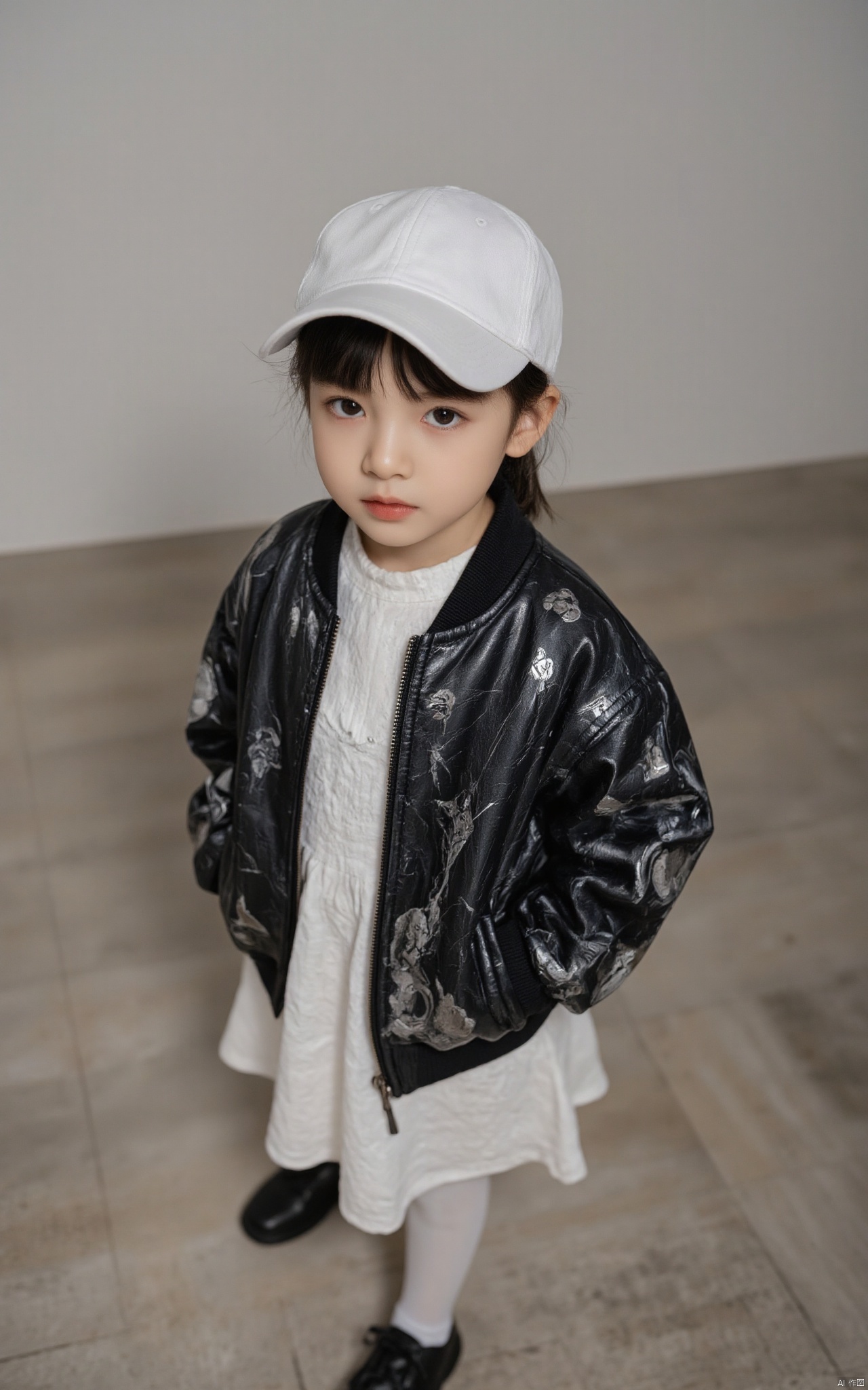 hubgchild,A cute little girl in a white baseball cap and a black jacket with a silver pattern poses for the camera in an overhead lit empty room. In a Suzanne B dress. Realistic photography,full body shot,cyberpunk style background. This image was taken from above at eye level using professional photography techniques. It has high resolution and ultra HD quality.