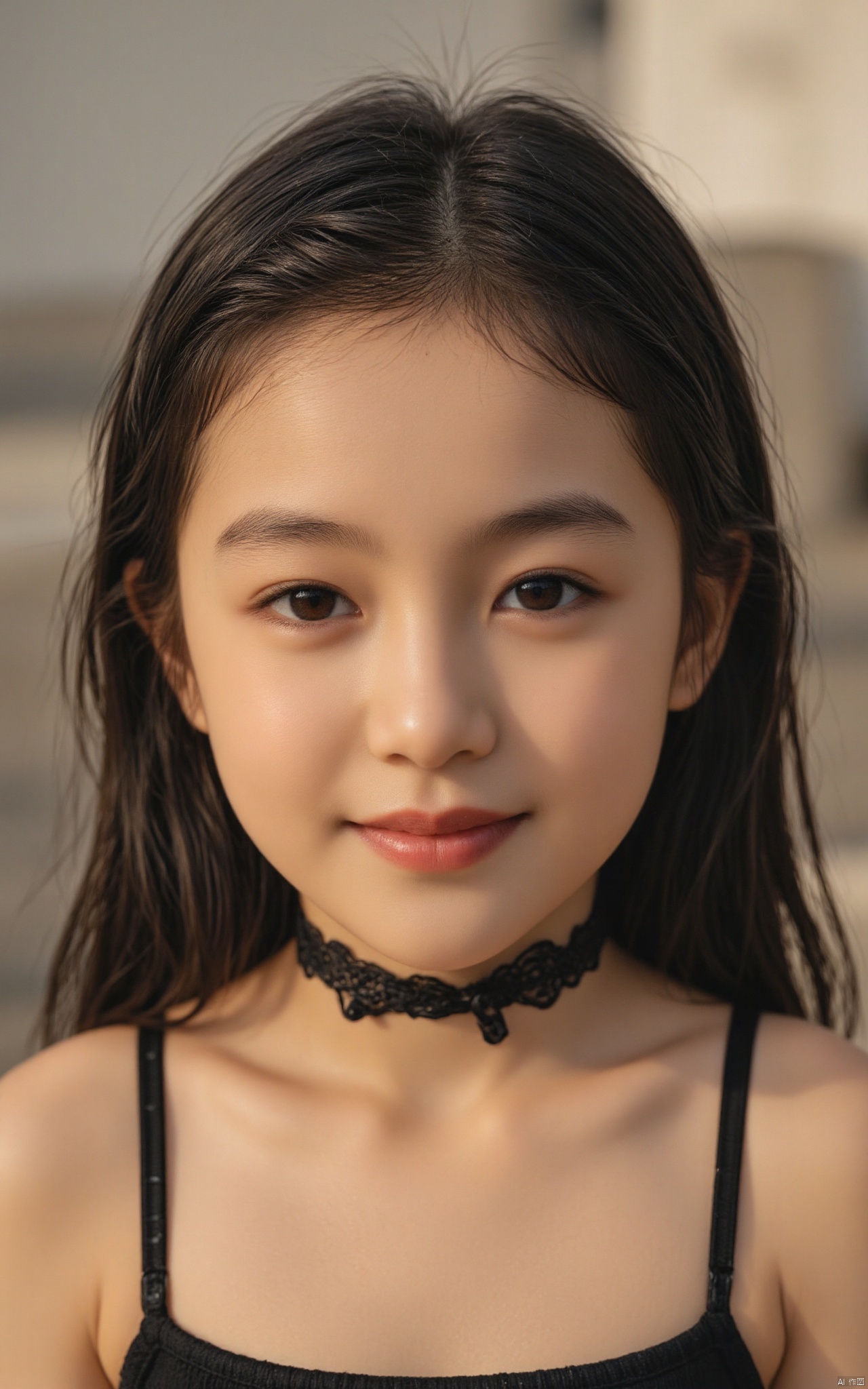 hubgchild,A warm, inviting shot of a 6-year-old girl radiates charm from within. Framed by a shallow depth of field, her striking features take center stage. Black cropped cami top and lace choker accentuate her innocence. Wet black locks cascade down her back, held by tiny hair ties. Her face shines with a pure, toothy grin, captivating the viewer's gaze.