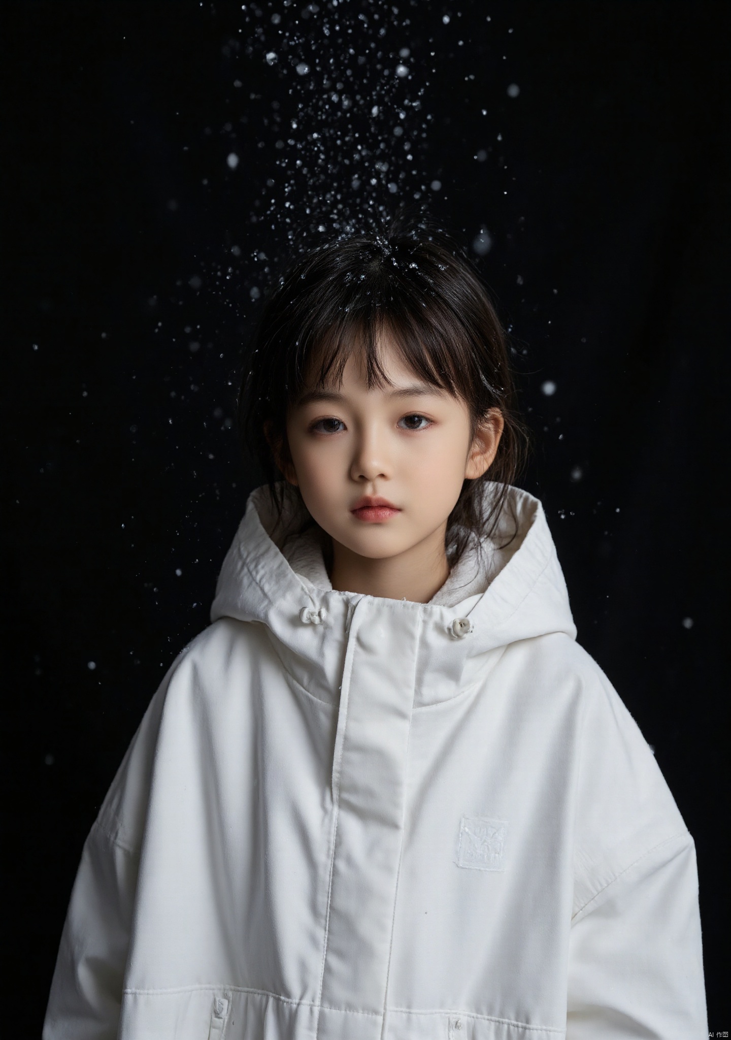 hubgchild,A little girl in a white oversize jacket,looking into the camera,snow falling on her head and face. Face close-up,portrait photography,low saturation,black background,cool color and soft light,shot with a telephoto lens.