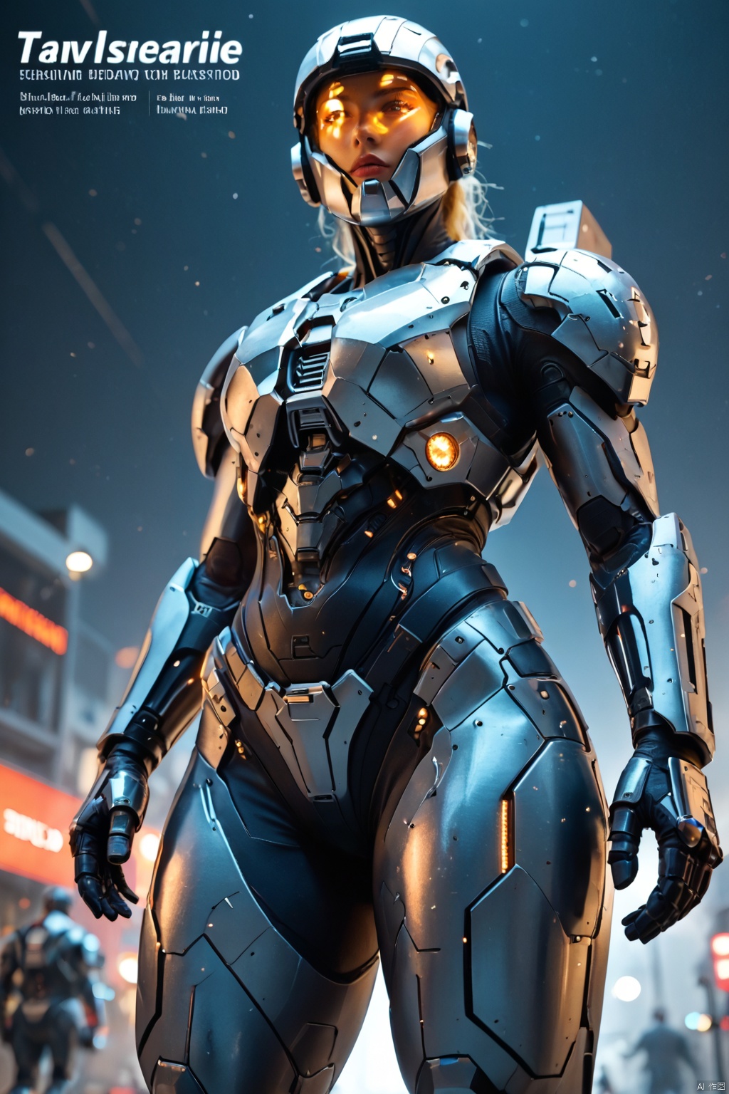  1girl, parted lips, hair blowing in wind, open hand, machinery, Mecha, science fiction, machinery armor, Metallic luster, electroplated, clothes sign, Mars, spaceship, floating cannon, hexagon, (from below:1.2), glow, backlighting, (background blur:1.2), cinematic lighting, Low illumination, VHS-style, (masterpiece:1.3), (best quality:1.1), intricate detailed, (Hyperrealistic:1.1), (realistic details:1.1), highly detailed, (the text on the cover should be bold and attention-grabbing, with the title of the magazine and a catchy headline:1.4), , ,Super perspective,wide shot. Dynamic pose, fighting_stance.,wide shot,(BEAUTIFUL FEMALE ANDROID:1.3),SPARTANFEMALESDXL, 1GIRL,ARMOR, BLURRY,THICK THIGHS,HELMET,SCIENCE FICTION,SKIN TIGHT,POWER,ARMOR,HELMET,POWER,ARMOR,HELMET,