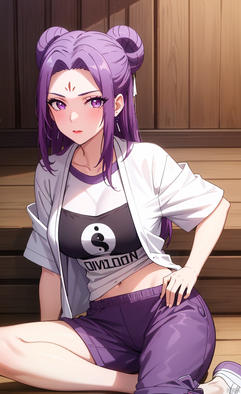 Flying Immortal Hair Knot,, earrings,
hair bun, double bun, forehead mark, yin yang,Red hairpin,
A girl with long hair, purple hair, bangs, split bangs, purple eyes, long split bangs, three vertical lines on her forehead, hairpin, red hairpin,
T-shirt short sleeved, summer short sleeved, long pants, sports shoes,T-shirt short sleeved, summer short sleeved, pants, sports shoes, jacket, thick jacket, wearing jacket,