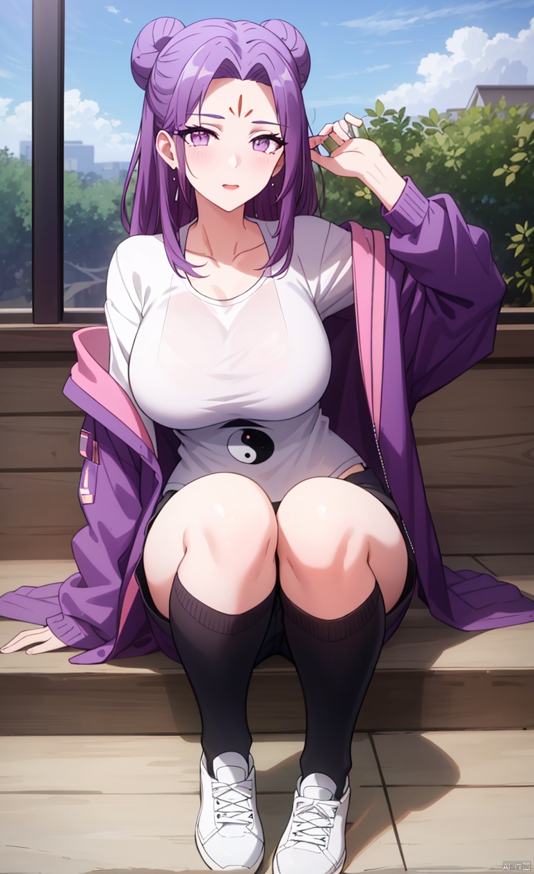 Flying Immortal Hair Knot,, earrings,
hair bun, double bun, forehead mark, yin yang,Red hairpin,
A girl with long hair, purple hair, bangs, split bangs, purple eyes, long split bangs, three vertical lines on her forehead, hairpin, red hairpin,
T-shirt short sleeved, summer short sleeved, long pants, sports shoes,T-shirt short sleeved, summer short sleeved, pants, sports shoes, jacket, thick jacket, wearing jacket,