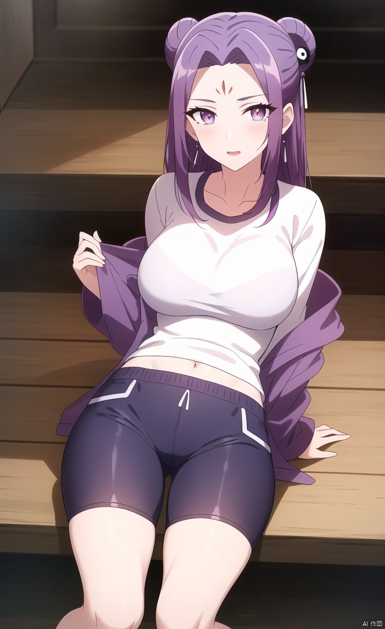 Flying Immortal Hair Knot,, earrings,
hair bun, double bun, forehead mark, yin yang,Red hairpin,
A girl with long hair, purple hair, bangs, split bangs, purple eyes, long split bangs, three vertical lines on her forehead, hairpin, red hairpin,
T-shirt short sleeved, summer short sleeved, long pants, sports shoes,T-shirt short sleeved, summer short sleeved, pants, sports shoes, jacket, thick jacket, wearing jacket,