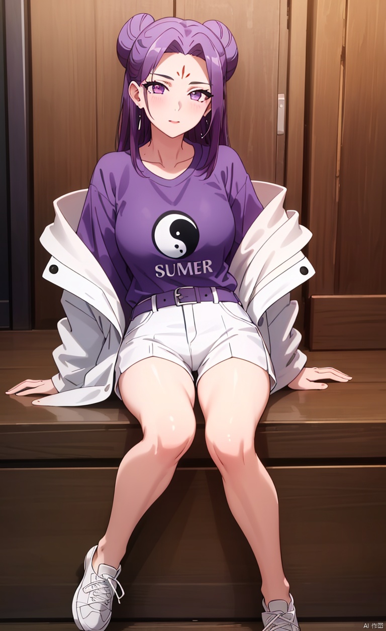 Flying Immortal Hair Knot,, earrings,
hair bun, double bun, forehead mark, yin yang,Red hairpin,
A girl with long hair, purple hair, bangs, split bangs, purple eyes, long split bangs, three vertical lines on her forehead, hairpin, red hairpin,
T-shirt short sleeved, summer short sleeved, long pants, sports shoes,T-shirt short sleeved, summer short sleeved, pants, sports shoes, jacket, thick jacket, wearing jacket,