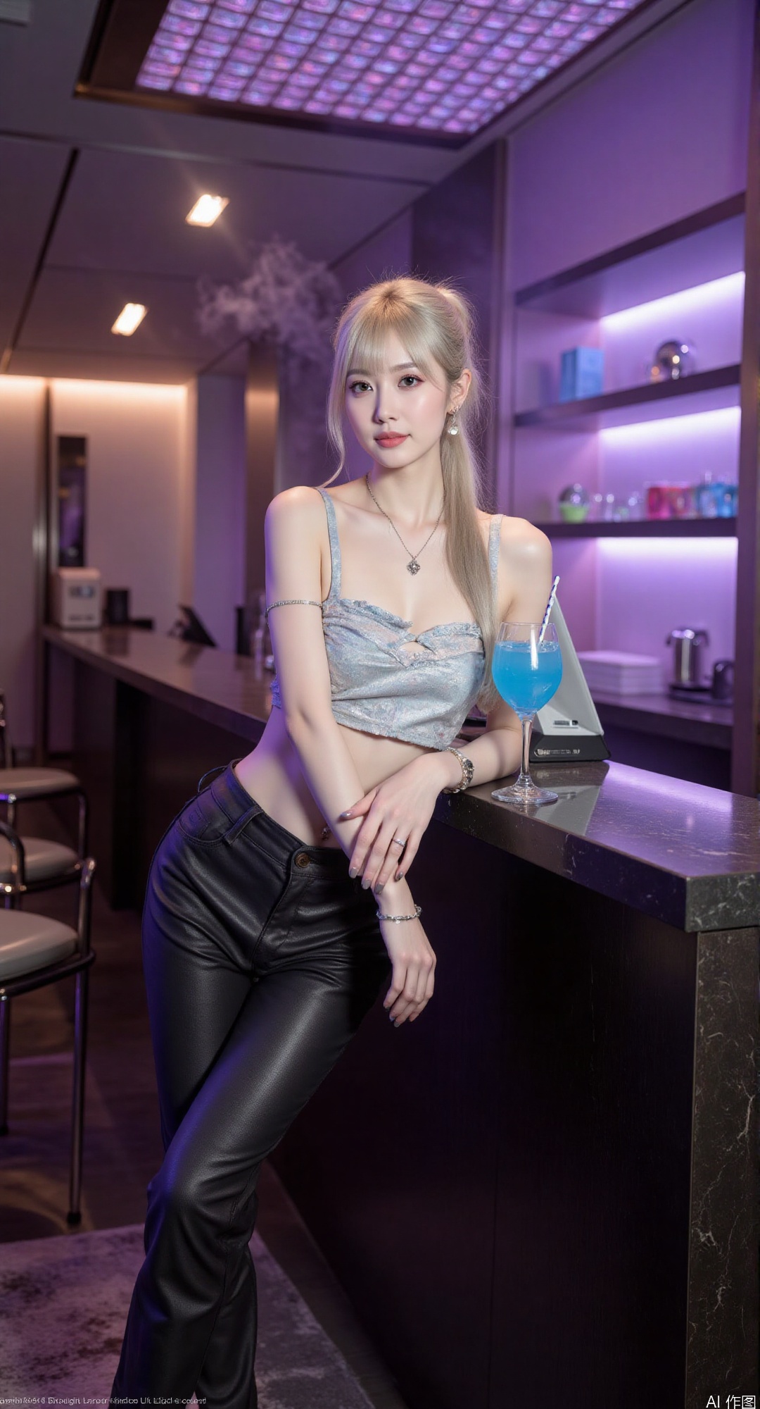 1girl, solo, leaning against a polished black marble bar counter in a futuristic cyberpunk-themed nightclub, her pose relaxed yet alluring, wearing a shimmering holographic silver crop top and high-waisted leather pants with geometric cutouts, neon lights casting purple/pink gradients across her fair skin, smoke machines creating hazy atmospheric effects, glass shelves behind the bar displaying glowing liquid nitrogen cocktails, a glowing LED ceiling grid reflecting in her eyes, long straight platinum-blonde hair styled in a high ponytail with glowing cybernetic hair extensions, almond-shaped big brown eyes with holographic lens contacts, full lips painted matte black with a silver lip ring, delicate silver chain necklace with a tiny glowing orb pendant, right hand holding a glowing blue neon cocktail with a spiral straw, hard metallic surfaces (chrome bar stools, brushed steel cash register), soft organic textures (velvet-upholstered booths, faux fur throw pillows), dynamic lighting interplay between cold neon strips and warm amber table lamps, floating holographic drink menus above the bar, masterpiece, best quality, high quality, overexposure, chromatic_aberration, light, fair_skin, very aesthetic, absurdres, masterpiece, amazing quality, (aestivation:0.4), (nasii:0.4), (toosaka asagi:0.4), (atdan:0.4), (artist:quasarcake:0.8), (iumu:0.72), (wlop:0.72), 96YOTTEA, Konya Karasue, //, depth of field, detailed light, blurry background, best shadow, shiny skin, cinematic lighting, ray tracing, amazing quality, very aesthetic, absurdres, best quality, ultra detailed, newest, 8K, HDR