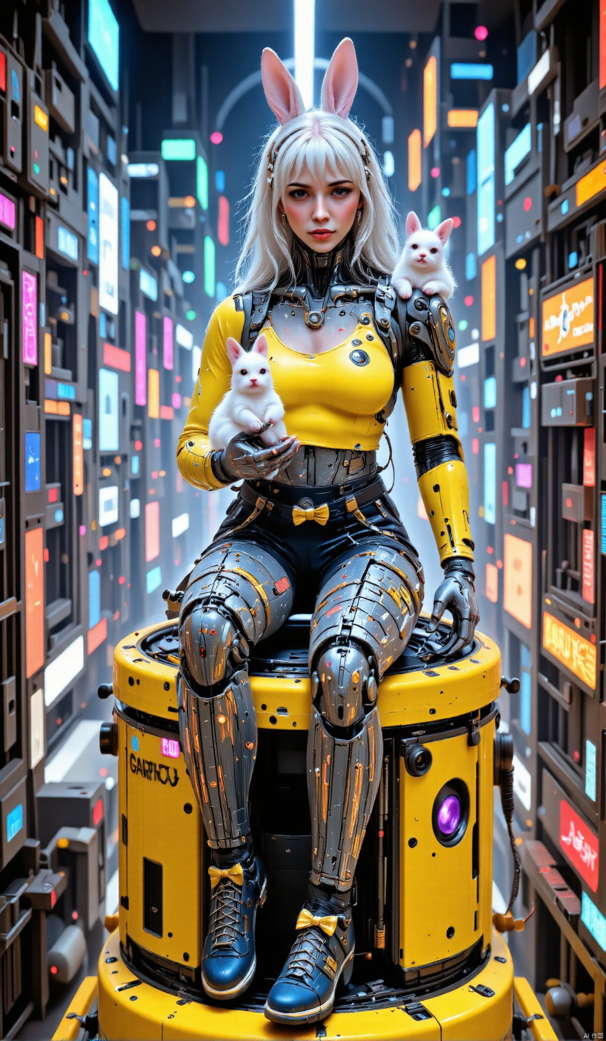 Super-realistic photography, a long-haired female robot sitting on a yellow technology charging bucket. Her hair is silvery white, curly and fluffy, and she wears bunny ears on her head. She wore a yellow top, black shorts and blue shoes with yellow bow decorations. On her lap was a little white bunny, and on her shoulder lay another little bunny. The background is a cyberpunk city with neon lights,Mechanical girl,Glossy Oil Skin,,ILLUSTRATION_ERA,,FITGIRL FIT GYM GIRL STYLE,