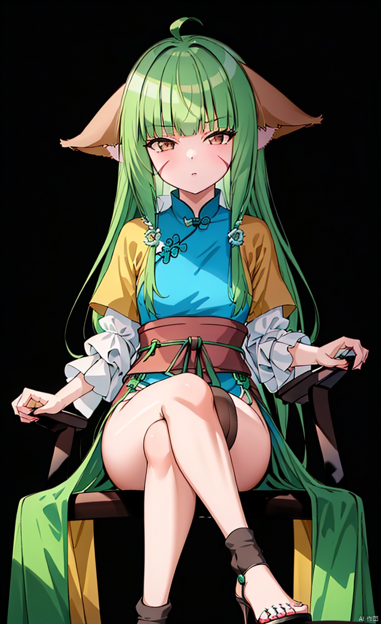 A girl with bangs, blunt bangs, neat bangs, green hair, long hair, brown ears, animal ears, fox ears, ears on both sides of the head, ears on both sides of the head,
Sitting on the chair, cross your legs, black silk stockings, silk stockings, socks, one-piece socks, high heels, black high heels, toes raised, sitting on the emperor's chair, the emperor's chair, sitting on the king's chair, Chinese dragon robe, dragon robe, simple background, high-definition background,