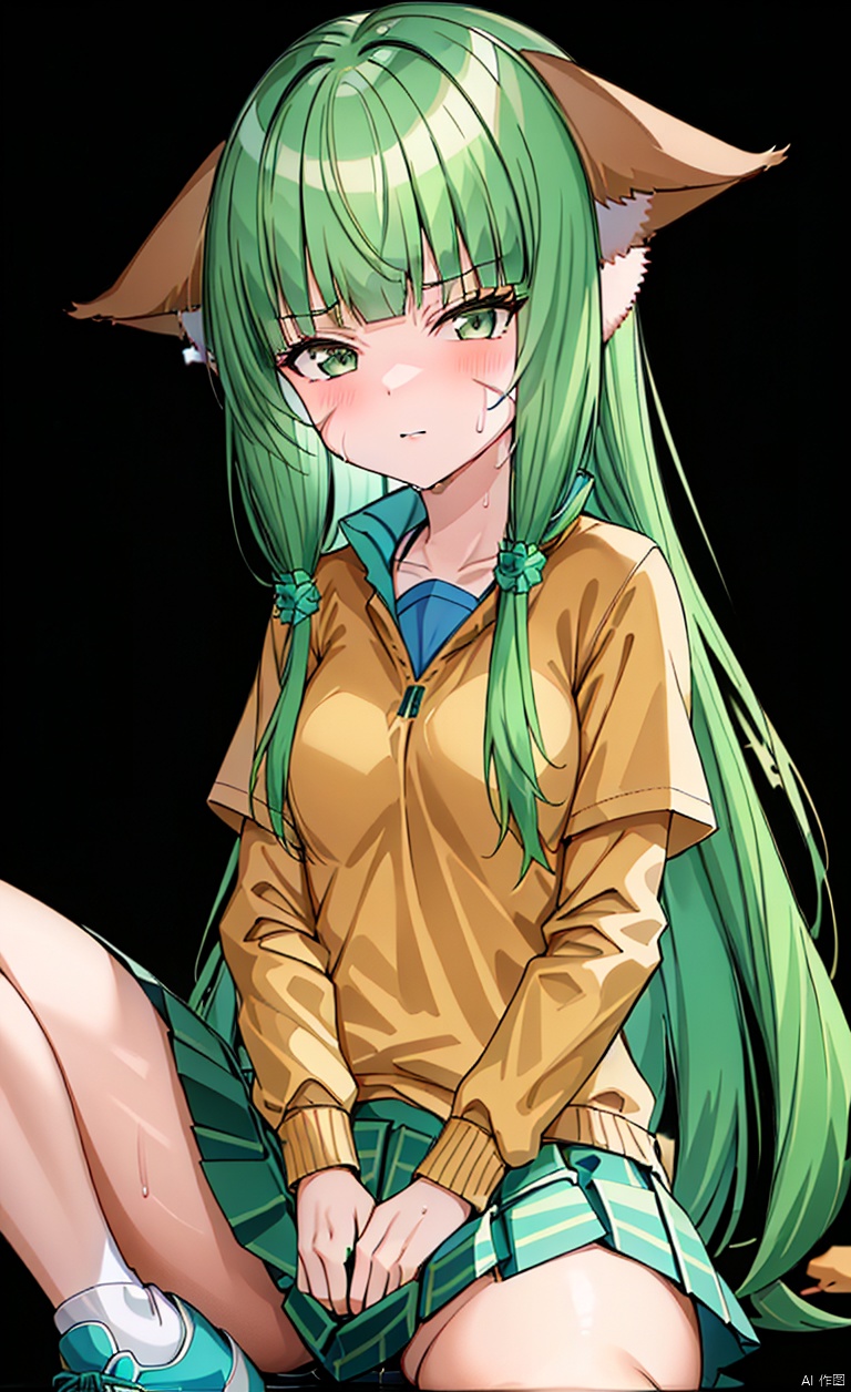 A girl with bangs, blunt bangs, neat bangs, green hair, long hair, brown ears, animal ears, fox ears, ears on both sides of the head, ears on both sides of the head,
Open your legs, sit the duck, hold your head in your arms, school uniform, JK uniform, plaid skirt, skirt, short skirt, green stockings, green socks, socks, sneakers, sneakers, sweat, sweat, simple background, high-definition background,