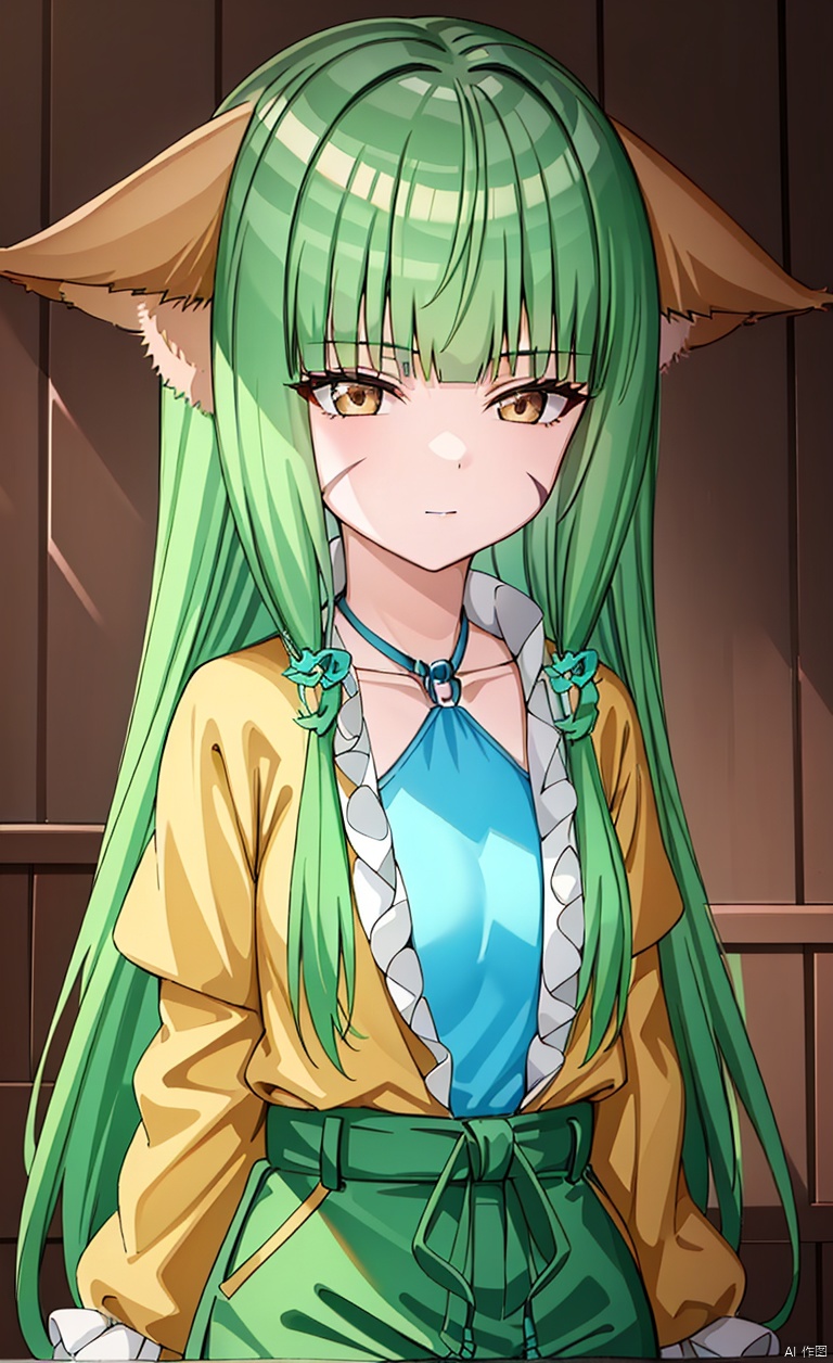 A girl with bangs, blunt bangs, neat bangs, green hair, long hair, brown ears, animal ears, fox ears, ears on both sides of the head, ears on both sides of the head,