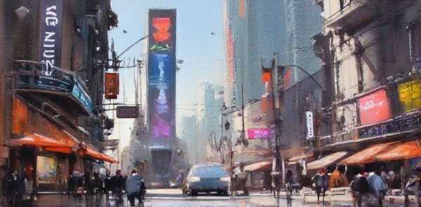A futuristic cityscape , with sleek skyscrapers and neon-lit streets. A sprawling metropolis , hovering drones, and self-driving cars zipping by. In the foreground, gazing up at a massive LED display projecting holographic advertisements and public art.80-degree viewing angle