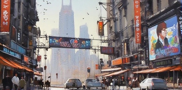 A futuristic cityscape , with sleek skyscrapers and neon-lit streets. A sprawling metropolis with towering vertical farms, hovering drones, and self-driving cars zipping by. In the foreground, gazing up at a massive LED display projecting holographic advertisements and public art.80-degree viewing angle