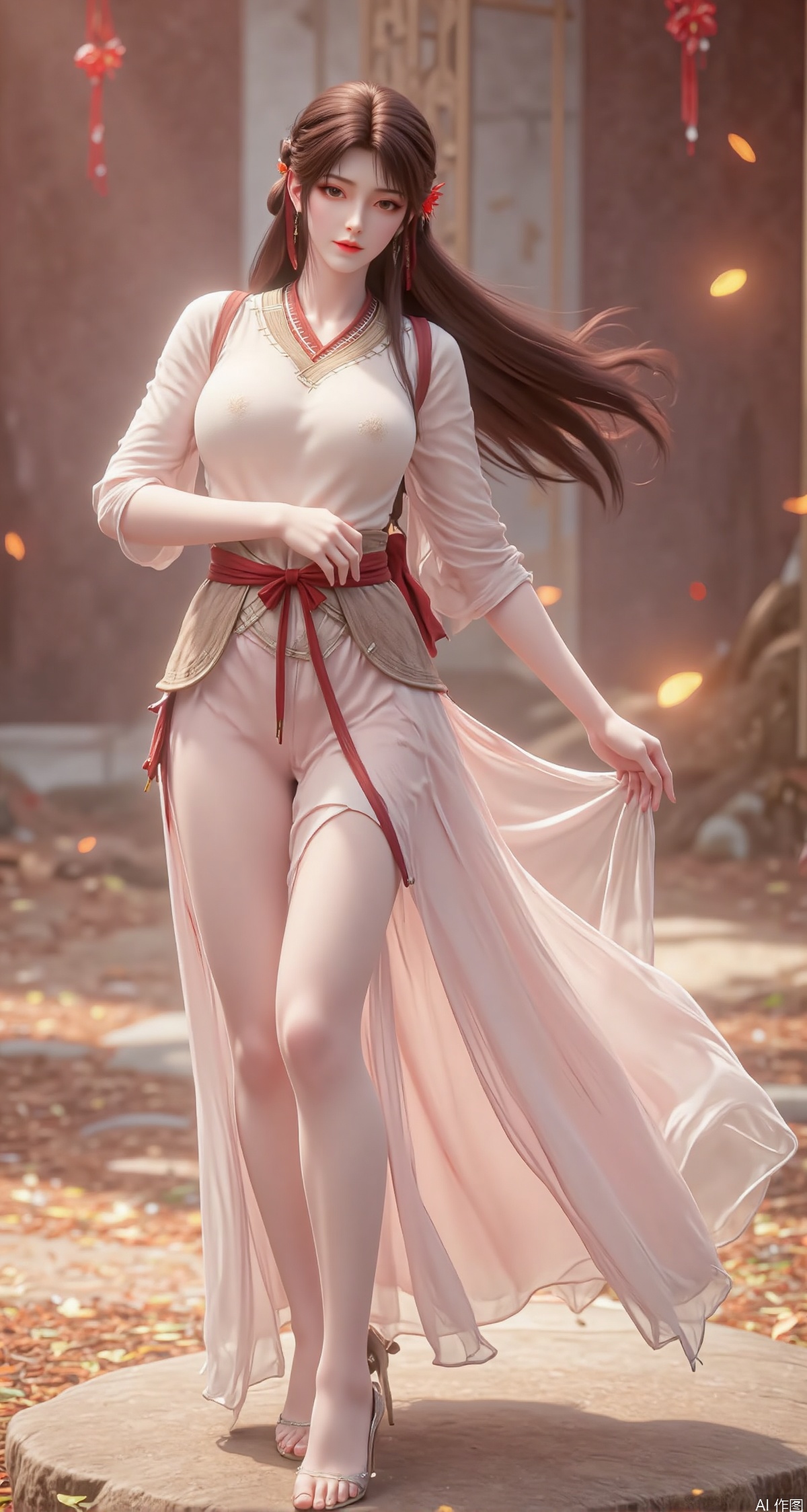 A dreamy young woman performs a graceful dance routine on a glowing stage, wearing a flowing, ethereal dress. Her movements are soft and enchanting, and her hair flows as she moves. The background features glowing lights and a shimmering, dreamy dance floor.