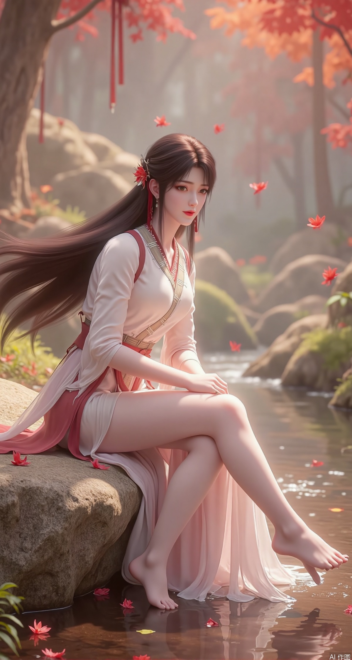 A radiant fairy with flowing black hair, wearing a translucent pink dress, sitting on a smooth rock by a mystical forest stream, her feet playing in the crystal-clear water, surrounded by floating petals and soft mist.