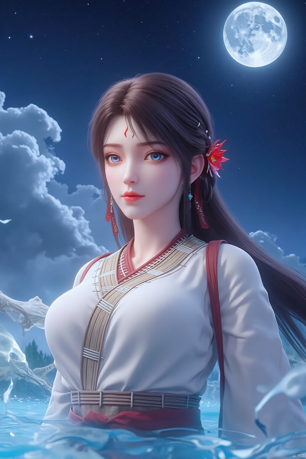 Close up photo of the girl's head.white robe.Hair temples.
Ultra clear, wallpaper, 8k, masterpiece,1girl, solo, long hair,bare_shoulders, breasts, forehead mark,facial mark,looking at viewer, blue eyes, large breasts, brown hair, black hair, hair ornament,cleavage, jewelry, flower, thighs, earrings,Blue eyes, sparkling lips like crystals.close up.
The scene is set against a backdrop of a blue sky, adorned with white stars and a glowing moon. The moon's reflection can be seen in the bottom right corner of the frame, adding depth to the composition.Light blue and white smoke surrounding her.The overall picture features blue and white themes.beautiful detailed water.,yc-hd