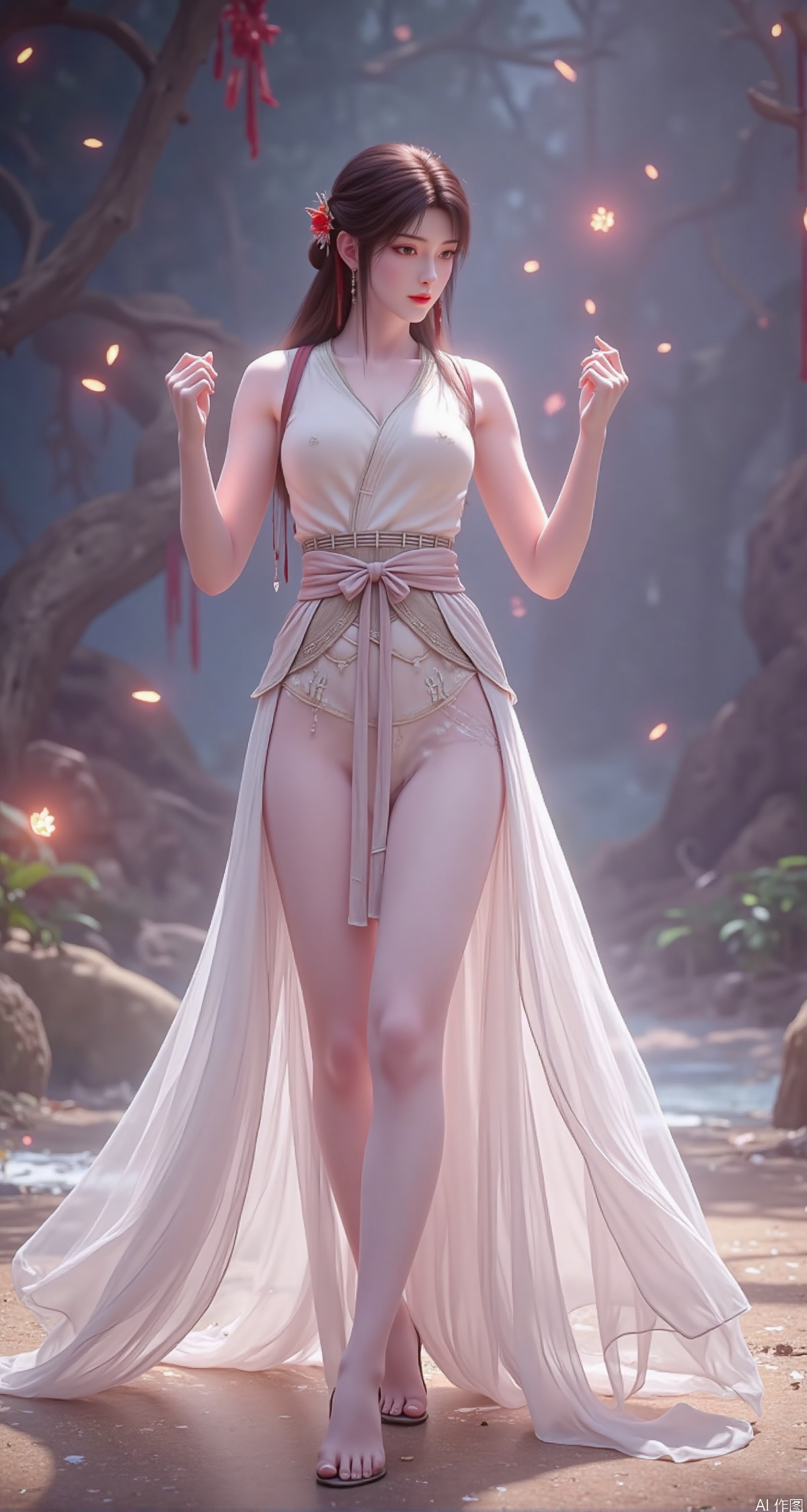 A dreamy young woman performs a graceful dance routine on a glowing stage, wearing a flowing, ethereal dress. Her movements are soft and enchanting, and her hair flows as she moves. The background features glowing lights and a shimmering, dreamy dance floor.