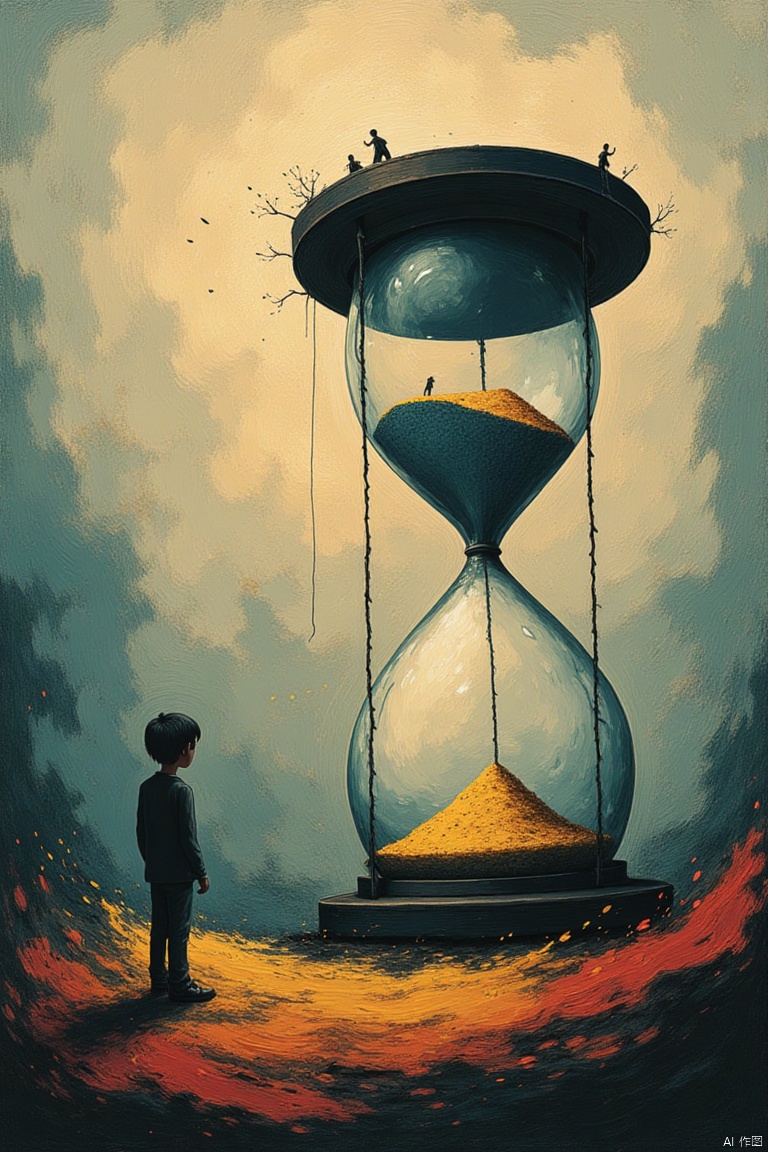 An abstract painting featuring a person standing beside a large, surreal hourglass clock, symbolizing the anxiety of time. The framing focuses on the figure's tense posture and worried expression, with the hourglass dominating the composition. The sand within the hourglass is depicted in dynamic motion, emphasizing the relentless passage of time. The background is a blend of swirling, abstract colors that convey a sense of urgency and unease. Soft, uneven lighting casts long shadows, enhancing the feeling of tension and the fleeting nature of moments.
