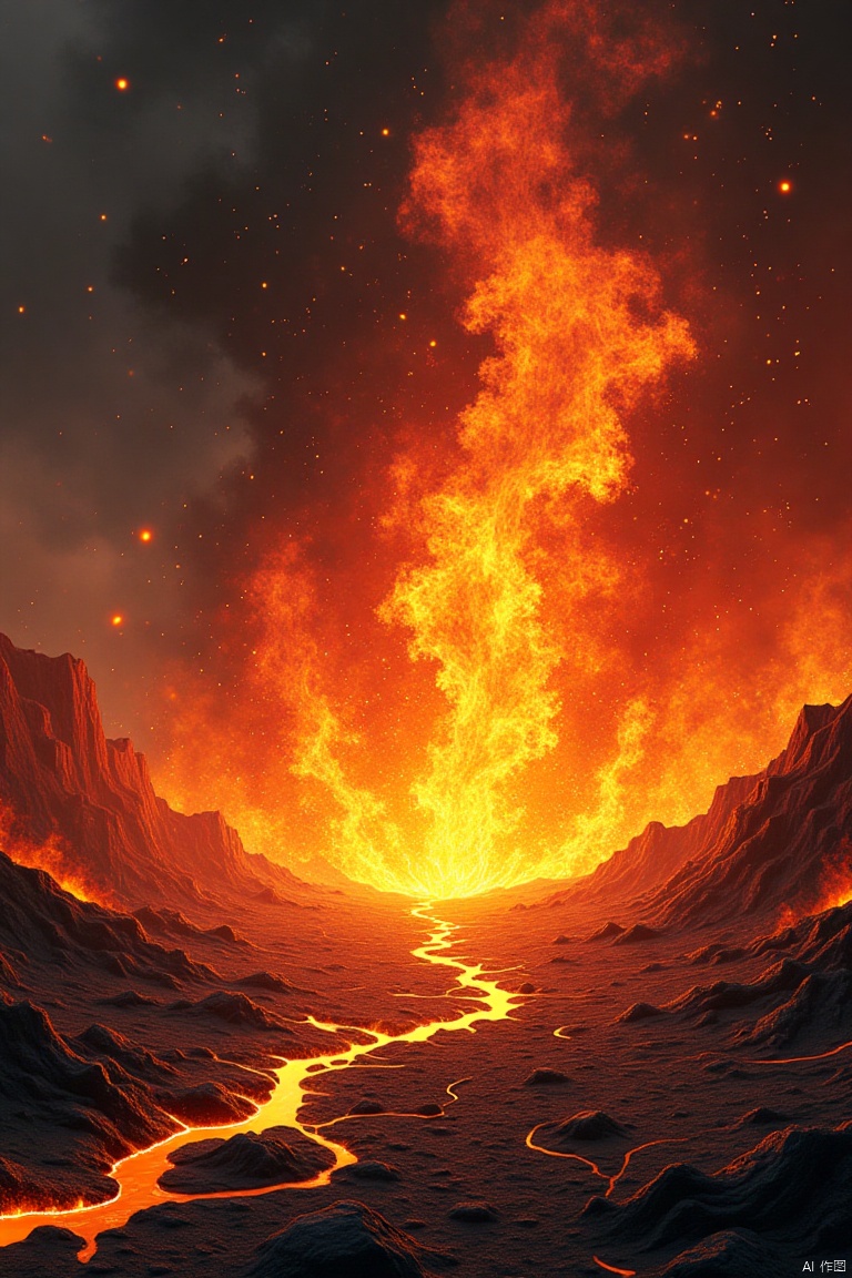 A dramatic scene of hellfire, with intense, roaring flames engulfing the foreground. The framing captures the chaotic, swirling motion of the fire, emphasizing its destructive power. Dark, smoky tendrils rise into a turbulent sky, while the ground is cracked and glowing with molten lava. The composition is centered on the fiery inferno, with deep reds, oranges, and yellows dominating the palette. The lighting is harsh and unforgiving, casting long, ominous shadows that add to the sense of dread and torment.