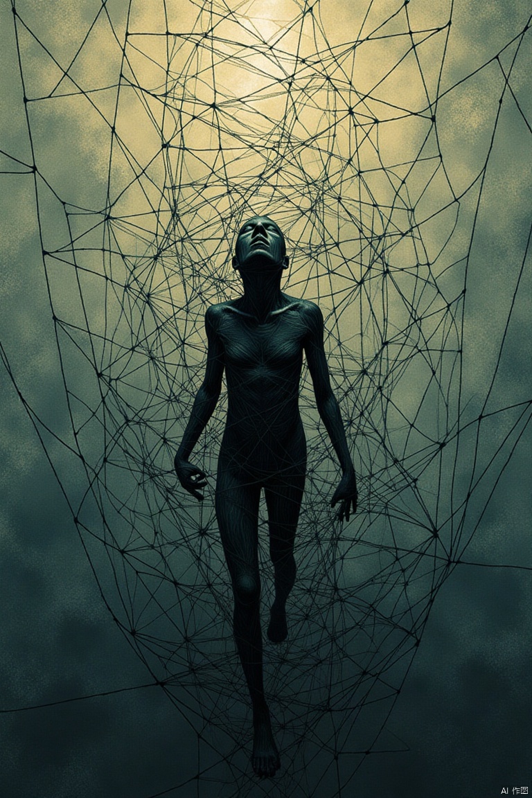 An abstract scene featuring a person entangled in a large, intricate web, expressing deep pain and struggle. The framing focuses on the figure's contorted pose and intense facial expression, with the web dominating the composition. The lighting is dramatic, casting harsh shadows that emphasize the tension and confinement. The background is minimalistic, using muted, surreal colors to enhance the abstract concept of being trapped and suffering.