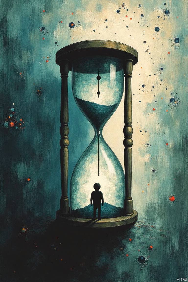 An abstract painting featuring a person standing beside a large, surreal hourglass clock, symbolizing the anxiety of time. The framing focuses on the figure's tense posture and worried expression, with the hourglass dominating the composition. The sand within the hourglass is depicted in dynamic motion, emphasizing the relentless passage of time. The background is a blend of swirling, abstract colors that convey a sense of urgency and unease. Soft, uneven lighting casts long shadows, enhancing the feeling of tension and the fleeting nature of moments.
