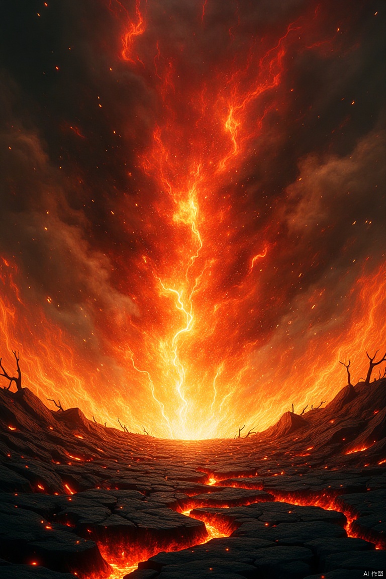 A dramatic scene of hellfire, with intense, roaring flames engulfing the foreground. The framing captures the chaotic, swirling motion of the fire, emphasizing its destructive power. Dark, smoky tendrils rise into a turbulent sky, while the ground is cracked and glowing with molten lava. The composition is centered on the fiery inferno, with deep reds, oranges, and yellows dominating the palette. The lighting is harsh and unforgiving, casting long, ominous shadows that add to the sense of dread and torment.