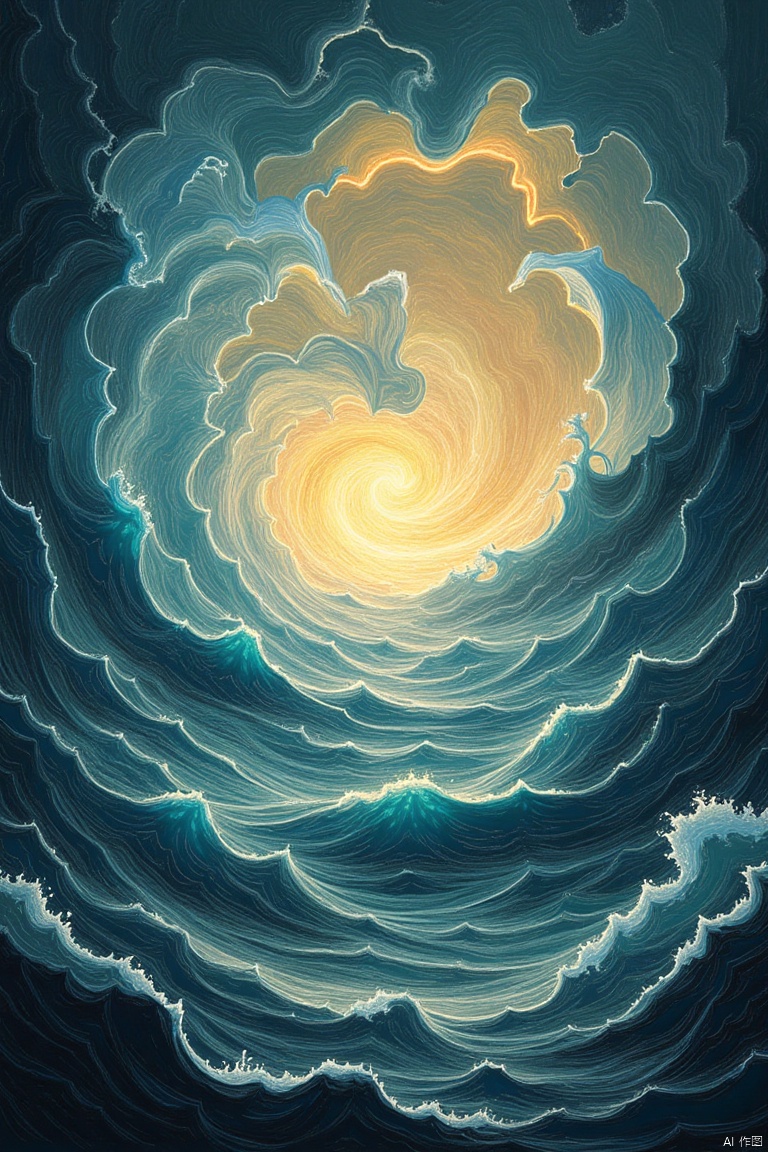 A surreal, abstract scene with intense, flowing energy waves representing 心灵电波, swirling around a calm, serene harbor symbolizing 心灵港湾. The framing captures the contrast between the chaotic, vibrant waves and the peaceful, sheltered harbor. Soft, ethereal lighting enhances the dreamlike quality, with the composition focusing on the dynamic interaction between the two elements. The harbor is bathed in a warm, golden glow, while the energy waves are depicted in vivid, electric colors.