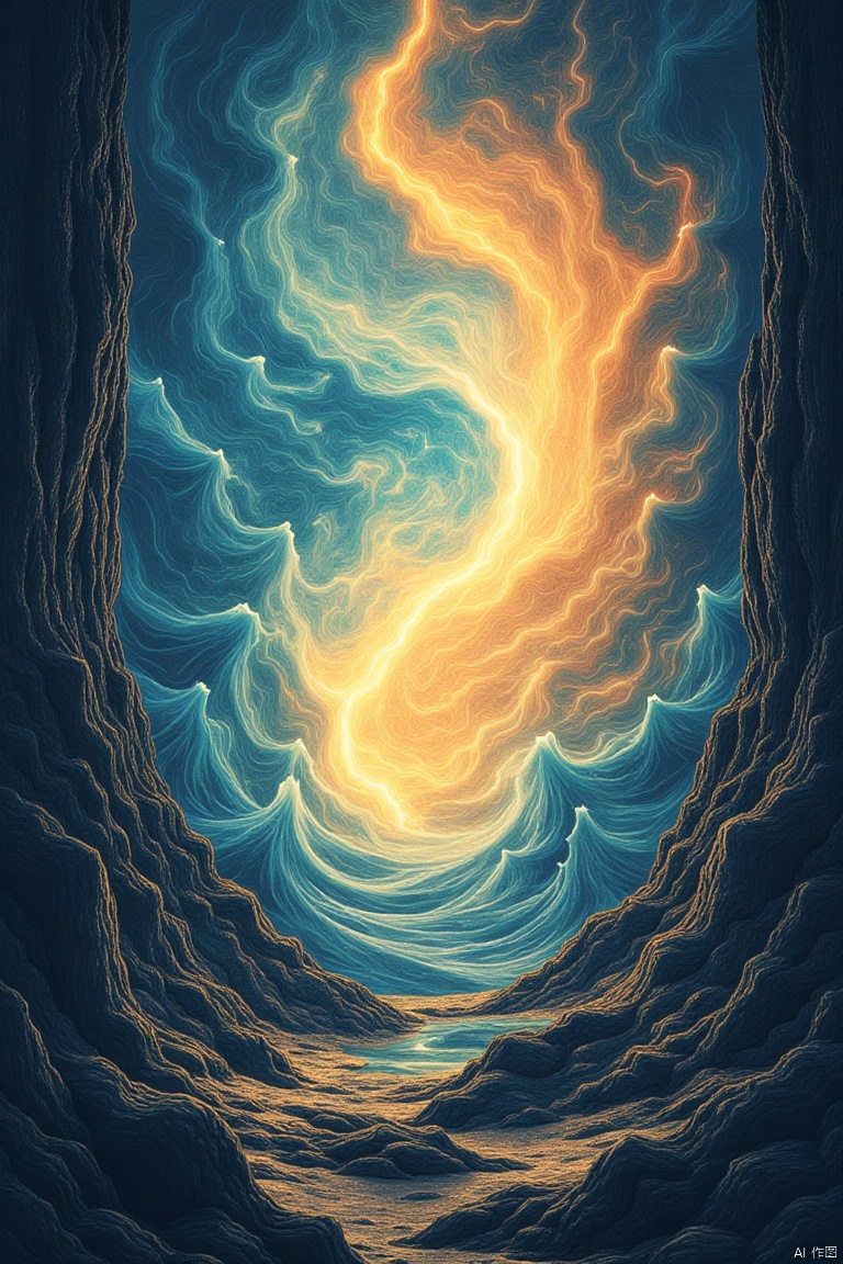 A surreal, abstract scene with intense, flowing energy waves representing 心灵电波, swirling around a calm, serene harbor symbolizing 心灵港湾. The framing captures the contrast between the chaotic, vibrant waves and the peaceful, sheltered harbor. Soft, ethereal lighting enhances the dreamlike quality, with the composition focusing on the dynamic interaction between the two elements. The harbor is bathed in a warm, golden glow, while the energy waves are depicted in vivid, electric colors.