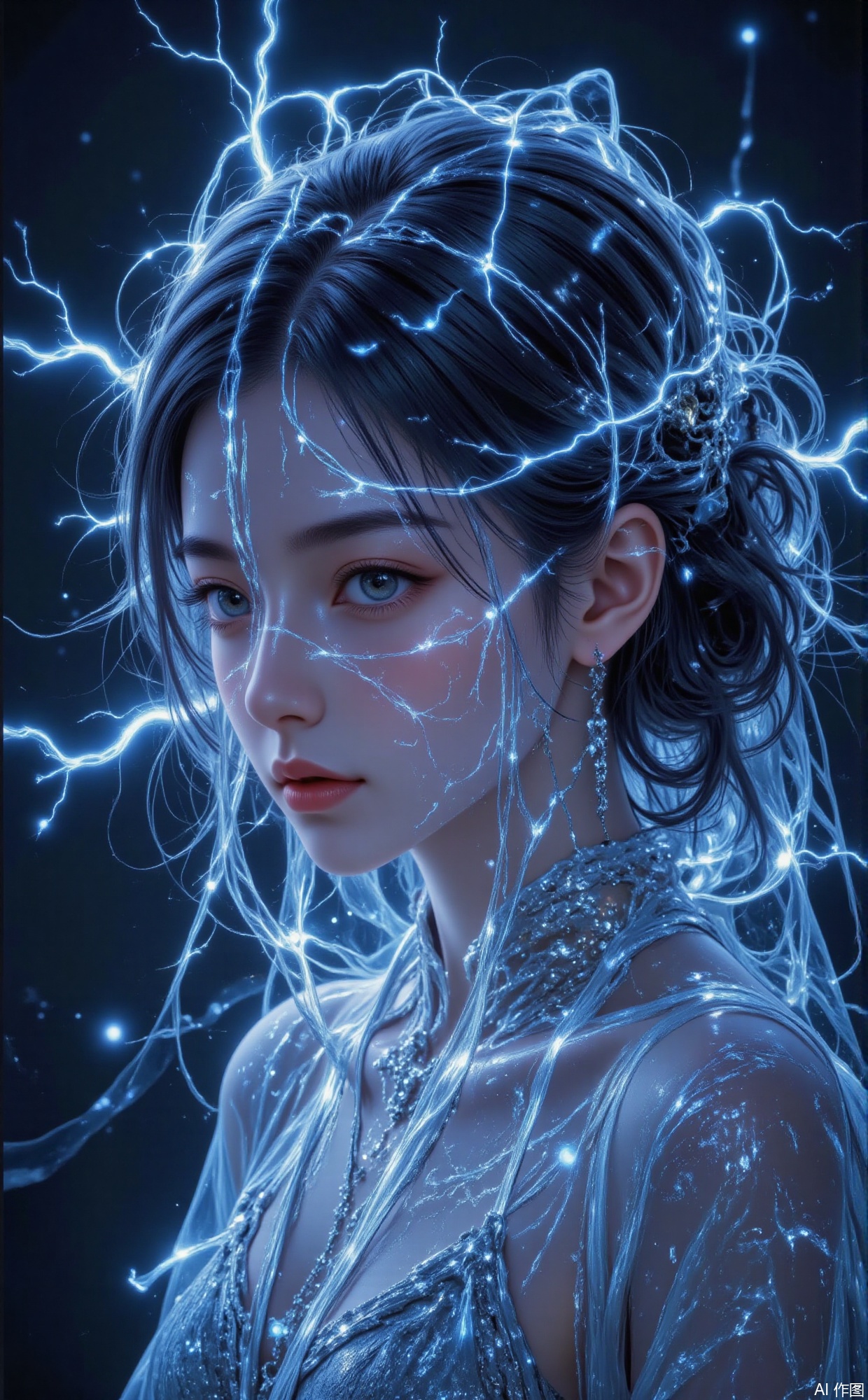 highly detailed, stunning, amazing, mysterious augmented Male head silhouette, virtual world, cyberspace, glitch art, cyberpunk, wrapped in transparent plastic, veiled with translucent cloth, bioluminescence ambient lighting, magical dark neon glowing theme, by Miho Hirano, James Jean, Olaf Hajek, dark, electric colors, HDR, alcohol ink, transparent, charming, luminous, masterpiece, glitter, sparkly, high quality, filigree, tulle, lace, sheer, 16k