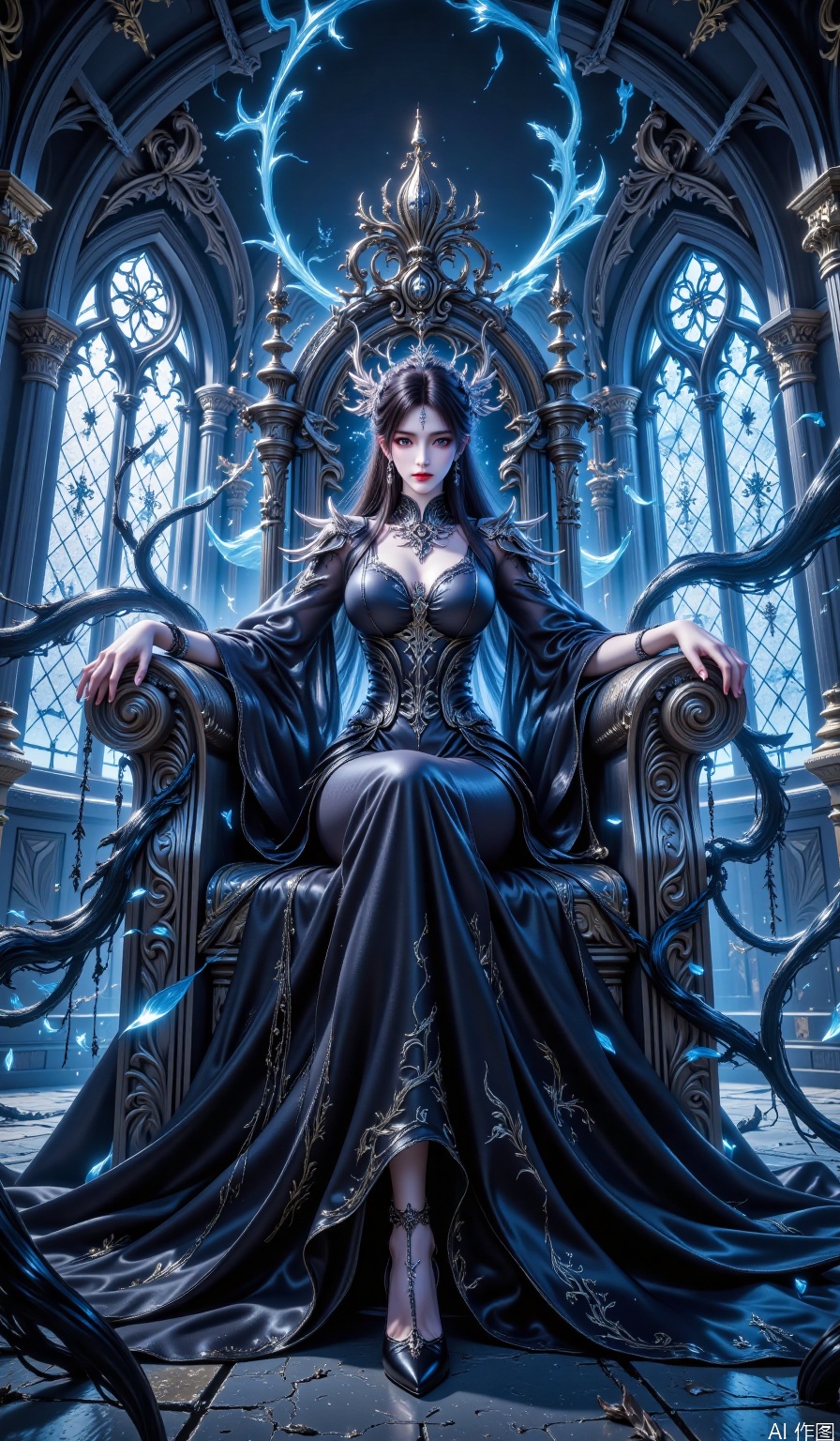 The image depicts a regal figure seated on an ornate throne within a grand, gothic-style room. The figure is dressed in an elaborate black gown with intricate patterns, and a crown adorns their head, suggesting a royal or noble status. The throne is intricately designed, with dark, flowing elements that resemble vines or tendrils, adding a mystical and ethereal quality to the scene. The room is illuminated by soft, blue light filtering through large, arched windows, casting a serene and otherworldly atmosphere. The floor appears to be made of polished stone, reflecting the light and enhancing the room's grandeur.