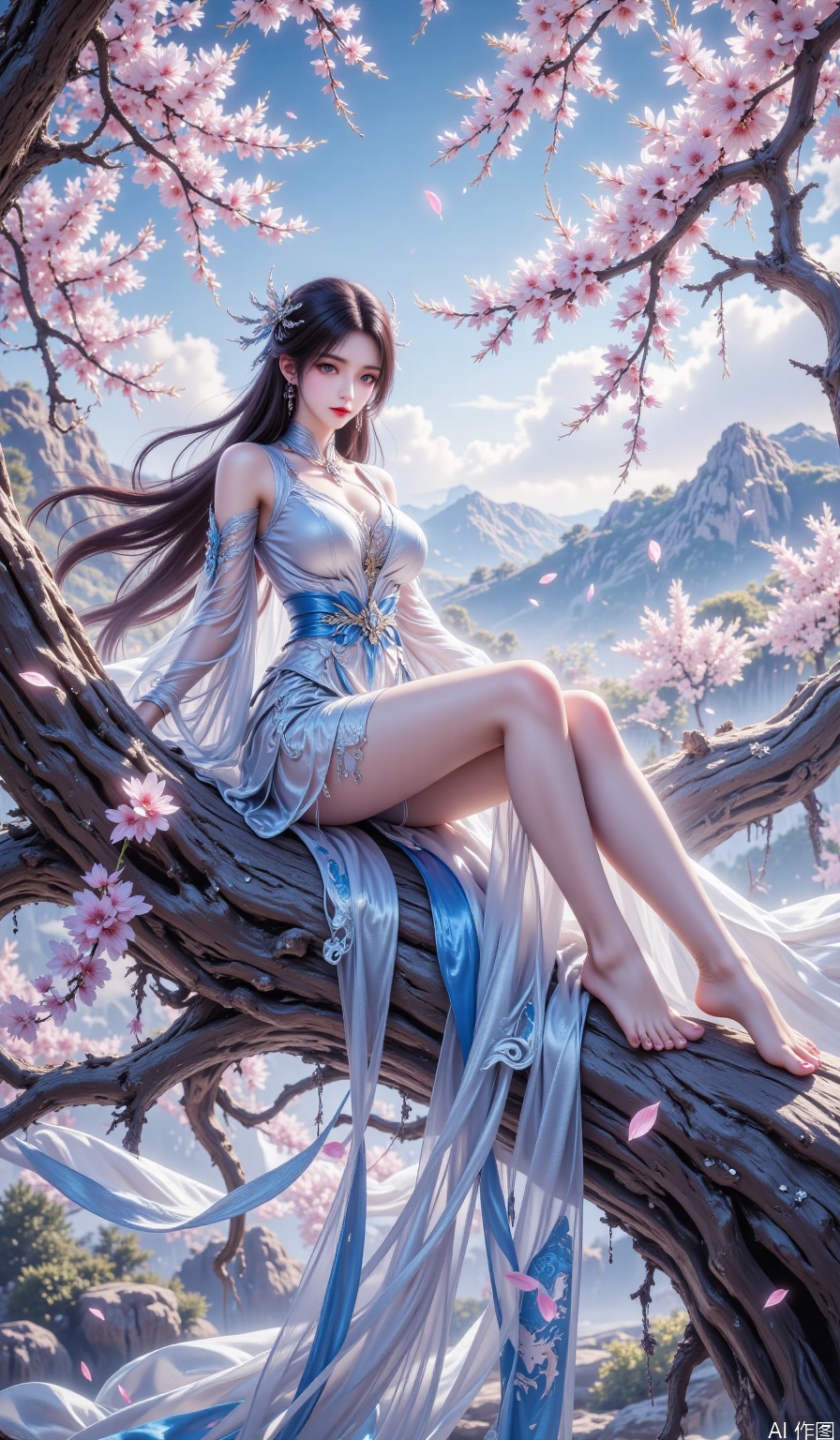 The image depicts a serene and ethereal scene with a woman sitting gracefully on a large, gnarled tree branch. She is dressed in a flowing, elegant white and blue outfit, adorned with intricate patterns. Her long, dark hair is styled with delicate flowers, complementing the natural beauty of the setting. The background features a picturesque landscape with cherry blossom trees in full bloom, their pink and white flowers creating a soft, dreamy atmosphere. The sky is a gradient of light blue and white, suggesting a peaceful, sunny day. The overall composition exudes a sense of tranquility and harmony, blending human elegance with the beauty of nature.