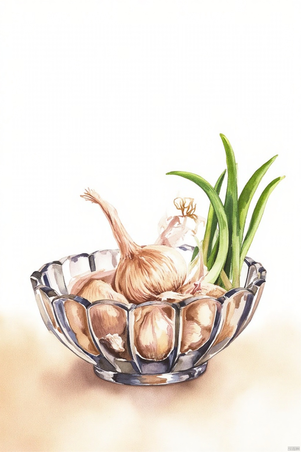 Obshuguo,
An eye-level painting of a bowl of garlic and onions. The garlic is in the center of the frame

with the onions on the right side. The onions are in a silver bowl

with a white background behind them. The bowl is on a light brown table

and there is a shadow of the garlic on the table below the bowl.

