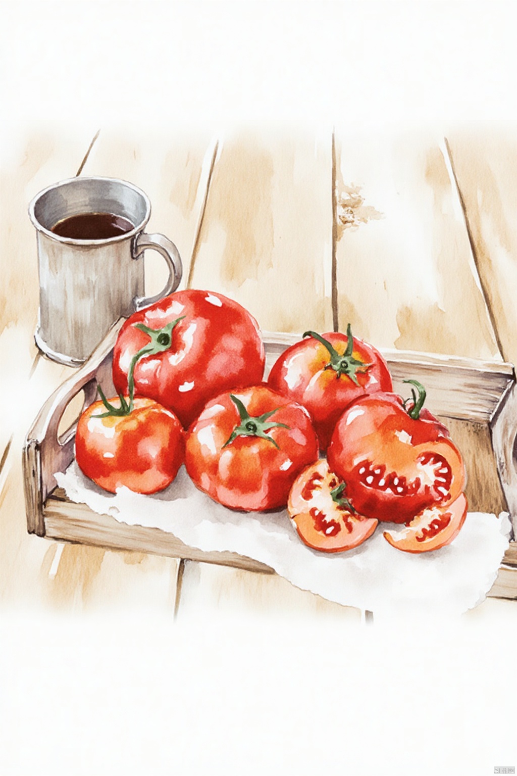 Obshuguo,
A watercolor painting of seven tomatoes on a wooden tray. The tomatoes are vibrant red

with a few green stems still attached to them. Some of the tomatoes have white spots on them

while others are a darker red. The tray is resting on a white surface with a light brown wood grain pattern on it. To the left of the tray is a metal mug with a handle.
