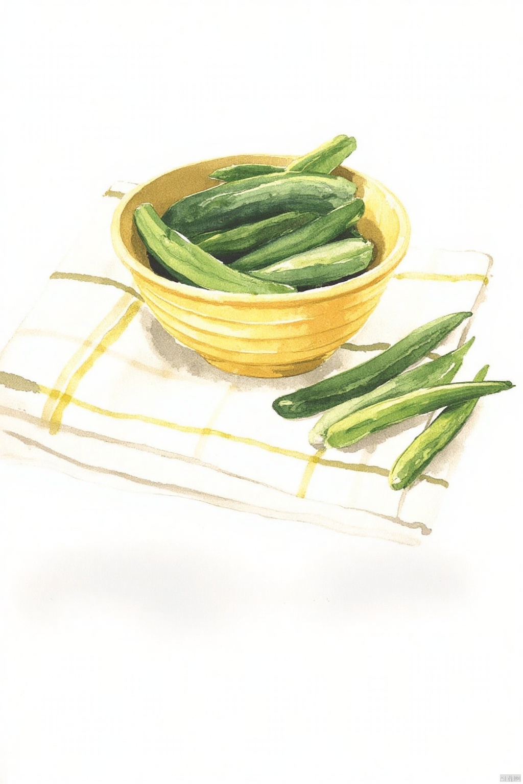 Obshuguo,aquarelle,
A watercolor painting of a yellow bowl filled with green vegetables. The bowl is sitting on a white tablecloth with a yellow stripe on it. There is a white background behind the bowl. There are green vegetables on the tablecloth.



