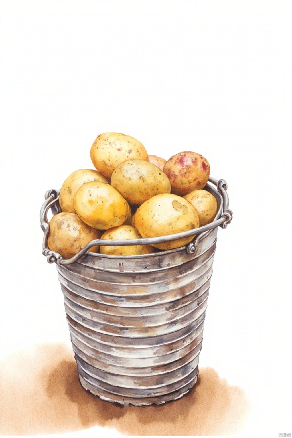 Obshuguo,
a silver metal bucket is filled with potatoes. The potatoes are a vibrant shade of brown

with a few darker spots on them. The bucket is placed on a brown surface

creating a stark contrast with the white background. The metal bucket has a silver handle

adding a touch of rustic charm to the scene.

