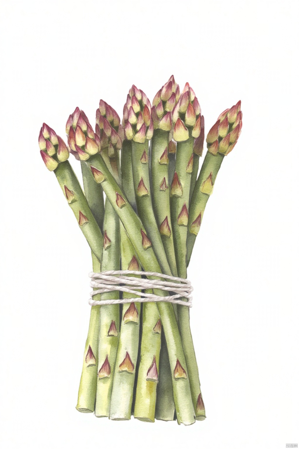 Obshuguo,
A watercolor painting of a bouquet of asparagus. The bouquet is composed of a bunch of leafy green stems

each of them tied together with a white string. The leaves are a vibrant shade of green

while the stems are a lighter shade of brown. There are five flowers in the bouquet

each with a small stem. The background is a solid white color

creating a stark contrast to the green stems.

