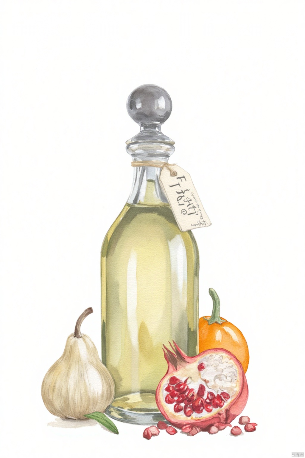 Obshuguo,
A watercolor painting of a bottle of tequila

a pear

a pomegranate

an orange

and other fruits. The background is a stark white

and the bottle is adorned with a small white tag that reads "Jore William".

