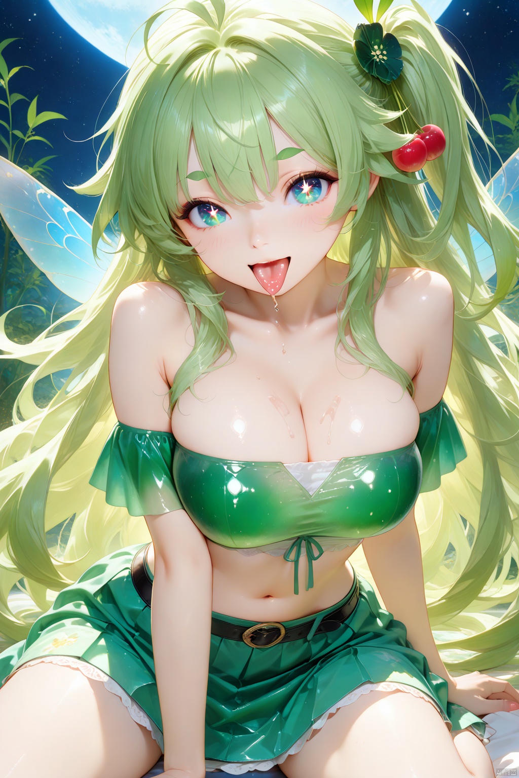 Masterpiece,best quality,ultra-detailed,detailed pupils,high quality,top CG rendering,highest quality,ultra-clear,ultra-detailed,Official Art,Extremely Detailed CG,8k Wallpapers,good figure,HD,game CG,Spit out her tongue, Fairy Gushe has willow eyebrows and starry eyes, a Yao nose and a cherry mouth, and a skin like gelatin. Her hair is messy and her hair is horizontal, her skirt is half untied, her big breasts are trembling slightly under her bellyband, and her silky tube top is extremely alluring.