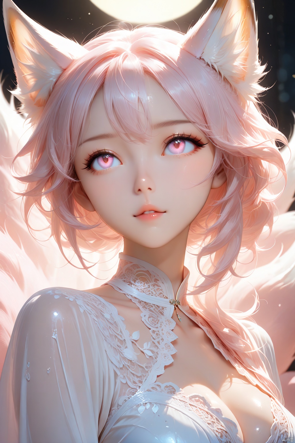 Masterpiece,best quality,ultra-detailed,detailed pupils,photography,high quality,top CG rendering,highest quality,ultra-clear,ultra-detailed,Official Art,Extremely Detailed CG,8k Wallpapers,good figure,HD,game CG,Masterpiece, Top CG rendering, Highest quality, Ultra-clear, Looking Up, (((Nine-tailed Fox Spirit))), Long pink hair, Delicate Fox ears, Smooth hair, Delicate features, Clear face, Clear eyes, long eyelashes, clear pupils, true lips, light makeup, hot body, sexy, ruddy skin, full breasts, sexy legs. (((The elegant ornate Han dress))), ((The embroidered lace shirt is fairy-like)), lifelike, (((Nine long pink-dark fox tails)), close-up, the moon, rendered to a perfect, lifelike, true texture, Realistic photos, cinematography, high quality, studio lighting, top lighting, side backlight, backlight, telephoto, depth depth of field, large depth of field, ultra-clear, 8k quality