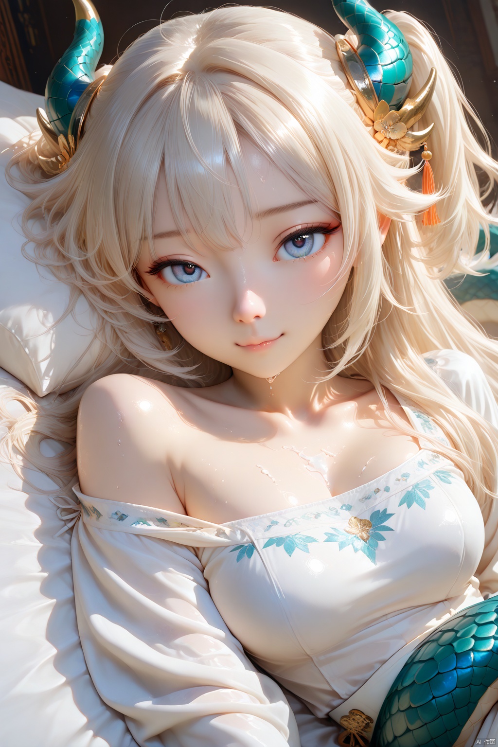 MasterPiece, Best Quality, Ultra-Detailed, Detailed Pupils, PhotoGraphy, High Quality, Top CG Rendering, Highest Quality, Ultra-Detai Led, Office A RT, EXTREMELY DETAILED CG, 8K Wallpapers, Good Figure, HD, Game CG, master's work Ultra -clear, highest picture quality, masterpieceExquisite beautiful masterpiece, detail, 3D rendering, 3A masterpiece, thick painting, realistic, highest quality, beauty bath picture, beautiful young woman covered with milky white liquid, pale blonde hair wearing exquisite hair accessories, delicate dragon horns, delicate eyes (detail painting), pale blonde pupils (detail painting), seductive eyes, very upturned nose, Seductive small mouth (detail painting) two drops of milky liquid, delicate hands, graceful figure under wet sheer gauze (close-up), lazy posture, lying on a soft big bed (fine painting) shaking a pale gold dragon tail (fine painting), antique room, beautiful scene, 8k