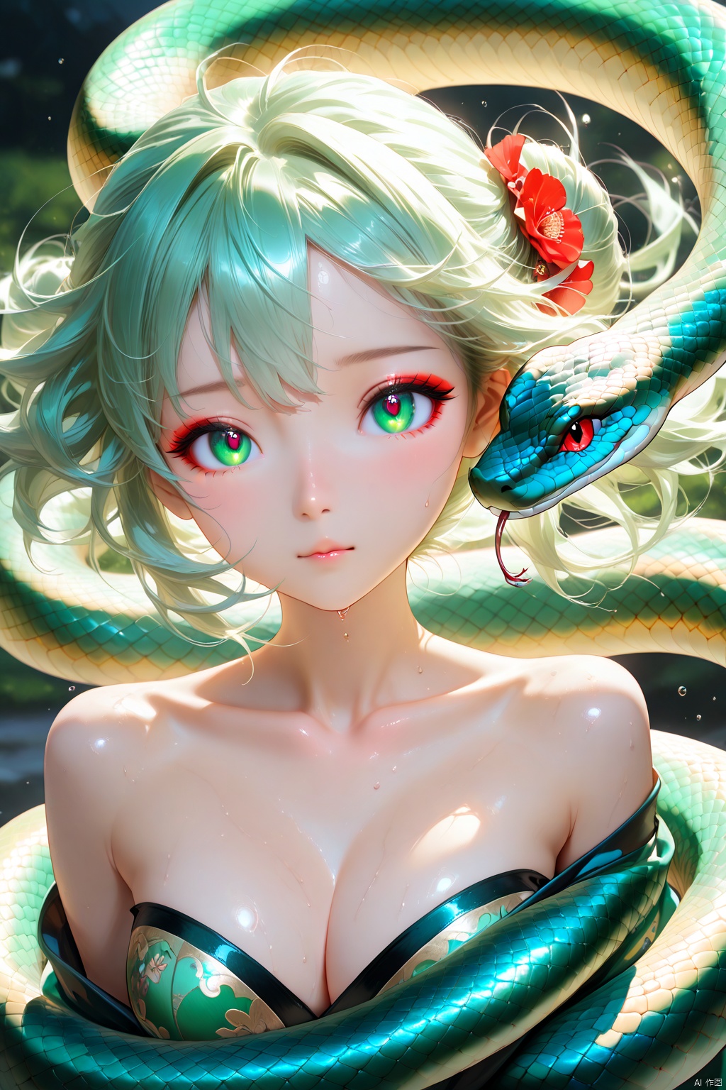 Masterpiece,best quality,ultra-detailed,detailed pupils,photography,high quality,top CG rendering,highest quality,ultra-clear,ultra-detailed,Official Art,Extremely Detailed CG,8k Wallpapers,HD,game CG, ((Ultra-high precision)), super details, depth of field, upper body, lens aperture, charming shape of the queen, masterpiece, extremely detailed and beautiful, floating hair, Chinese hairstyle, beautiful and delicate eyes, poisonous snake, fluorescence, ( ((green Snake))), delicate and shiny scales, viscous liquid, perfect collarbone, (((perfect body))), hot, shining light, detailed makeup, (((human snake tail))), best quality, best quality, dreamy, close-up