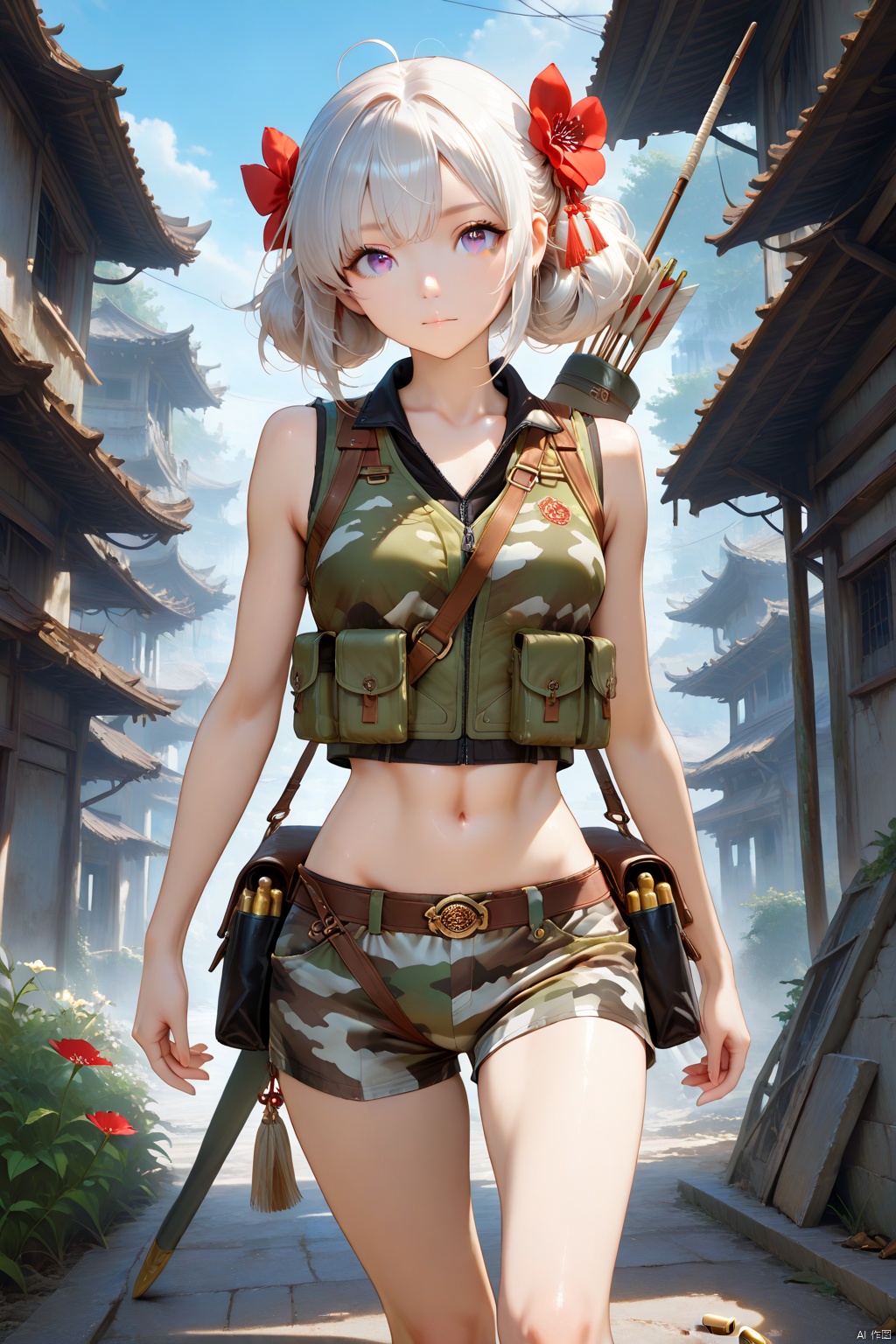 Masterpiece,best quality,ultra-detailed,detailed pupils,photography,high quality,top CG rendering,highest quality,ultra-clear,ultra-detailed,Official Art,Extremely Detailed CG,8k Wallpapers,HD,game CG,The Chinese celebrity woman wore worn-out camouflage shorts and a simple sports vest, showing off her toned figure and smooth skin. A simple ammunition bag made of discarded bullet casings and leather was hung on his body. His hair was naturally scattered, with a wild flower on his head. Holding a short bow and quiver, she is agile and agile, like a hunting queen in the wasteland, walking among the ruins to protect herself and her companions.