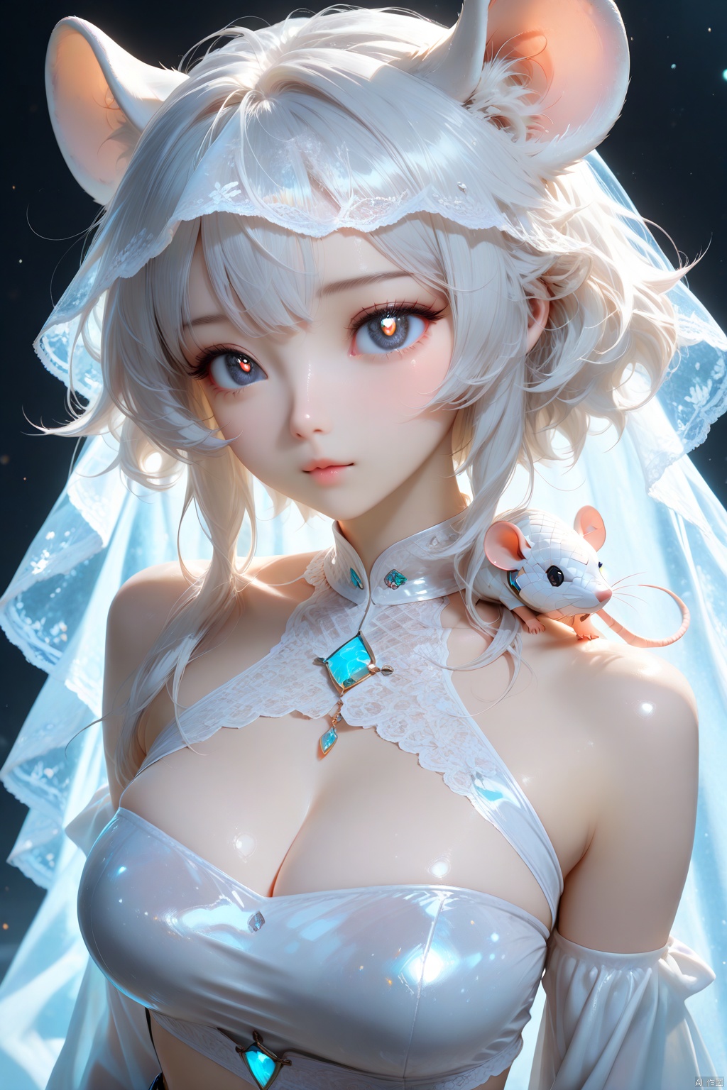  MasterPiece, Best Quality, Ultra-Detailed, Detailed Pupils, PhotoGraphy, High Quality, Top CG Rendering, Highest Quality, Ultra-Detai Led, Office A RT, EXTREMELY DETAILED CG, 8K Wallpapers, Good Figure, HD, Game CG, masterpiece, best quality, ultra-detailed, detailed pupils, photography, pale, realistic skin texture, 1girl, clear background, ((whole body)) glowing particles, messy hair, rat tribe, Solo, (((whole body))), charming woman, ((perfect body covered by gauze)), short silver hair, neat, ((rat 🐭 ears )), silver-white pupils, silk hollow tube top, rat head tattoo on forehead, beautiful detailed eyes, beautiful detailed face, ((mouse ears)), ((milky white water flow wrap)), (Grey-black rat standing on his shoulder), high definition, ultra high definition, 16K high quality, the highest image quality, masterpiece, masterpiece, top CG rendering, exquisite facial features, big ((real eyes)), crystal pupils, (body under the close-fitting transparent night suit Hot), milky white skin, delicate smooth and shiny, perfect figure, (glossy thighs), hot, close-up, realistic, real texture, real photos, cinematic feel, high quality, film Studio lighting, telephoto, depth of field, large depth of field masterpiece, top CG rendering, highest image quality, ultra-clear, poppy poppies, exquisite appearance, beautiful eyes, long eyelashes, silver pupils, light makeup, hot body, transparency Milky white skin covered by white gauze, delicate, smooth and reflective, (transparent white lace veil), silk tube top, ((full breasts)) (large size breasts), ((looming flesh)), (holding a dagger)the "(Dagger's Cold Shining)"