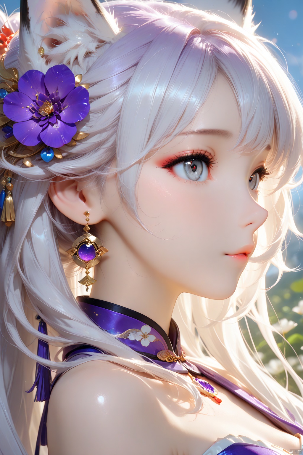 Masterpiece,best quality,ultra-detailed,detailed pupils,photography,high quality,top CG rendering,highest quality,ultra-clear,ultra-detailed,Official Art,Extremely Detailed CG,8k Wallpapers,HD,game CG,1girl,animal_ears,bare_shoulders,cat_ears,earrings,eyelashes,face,flower,fox_ears,grey_eyes,hair_flower,hair_ornament,jewelry,long_hair,portrait,profile,purple_flower,solo,white_hair