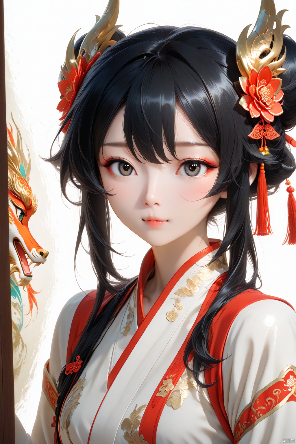 Masterpiece,best quality,ultra-detailed,detailed pupils,photography,high quality,top CG rendering,highest quality,ultra-clear,ultra-detailed,Official Art,Extremely Detailed CG,8k Wallpapers,HD,game CG,（Flat color：1.2）、Enlarge the core content of the screen、More concise visuals, clothing, and visual costumes、Minimalist Zen, artistic conception, ink painting、Traditional Chinese Gongbi Painting Style,The visual style adopts flowing thin lines to showcase Chinese style,The screen is expressed using a flat technique。The screen adopts the style of the Song Dynasty in China, Color adopts ink wash with transparency. the gentle and confident nature of women, who can be slightly slimmer. Black hair and No complicated headgear。The screen apply elements related to the Song Dynasty in China.Chinese style light watercolor、White background,The above content depicts a high-definition portrait of a single person, with only the eyes in the picture, emphasizing facial details and facial features