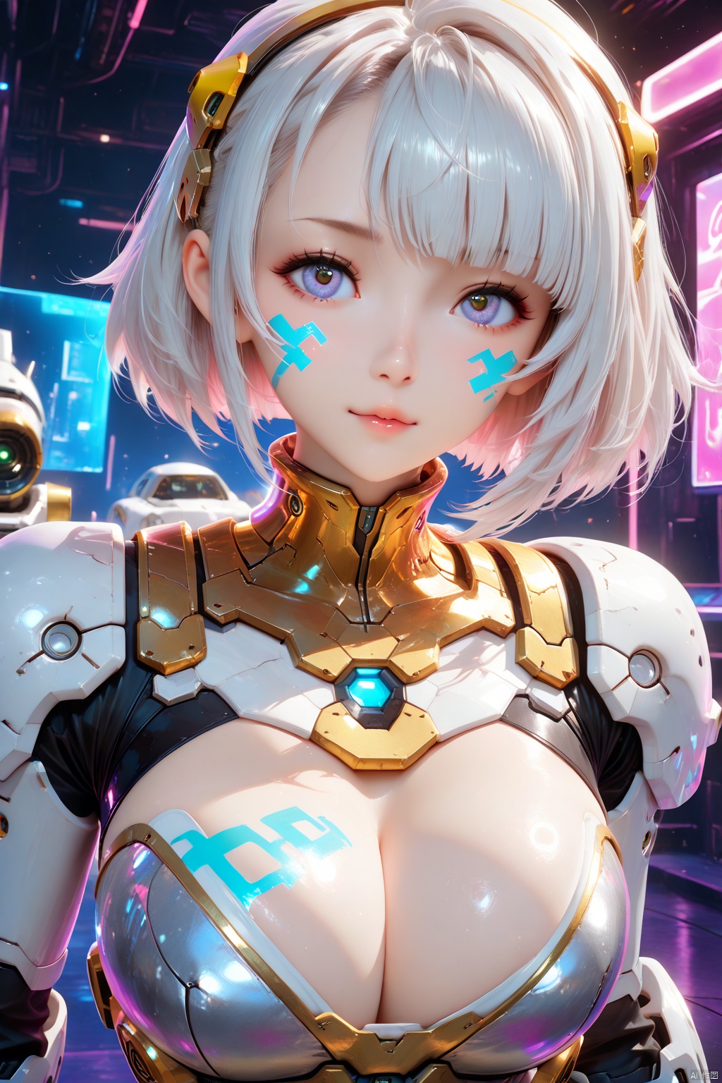 Masterpiece,best quality,ultra-detailed,detailed pupils,photography,high quality,top CG rendering,highest quality,ultra-clear,ultra-detailed,Official Art,Extremely Detailed CG,8k Wallpapers,HD,game CG,Pretty girl, big chest, sunny outgoing, white hair, space mech, gold plated, electroplated paint, steel mech, sci-fi background Cyberpunk, 3D, anime style, black and white stripes, whole body, mechanical dog, Silver reflective